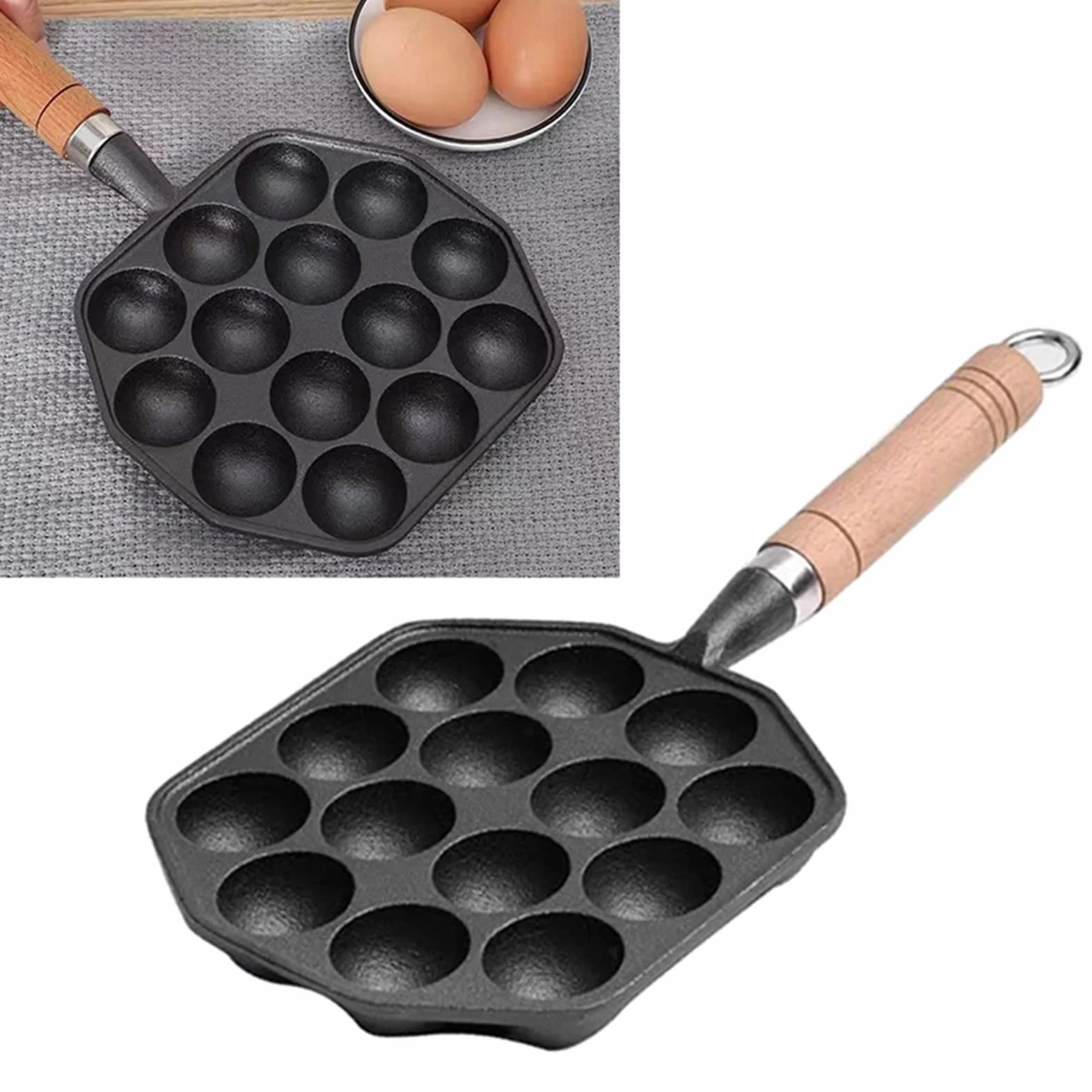 14 otworów Takoyaki patelnia do grilla, nieprzywierająca żeliwna ośmiornica, kulki mięsne, forma z odpinanym uchwytem, do domowego pieczenia naleśników