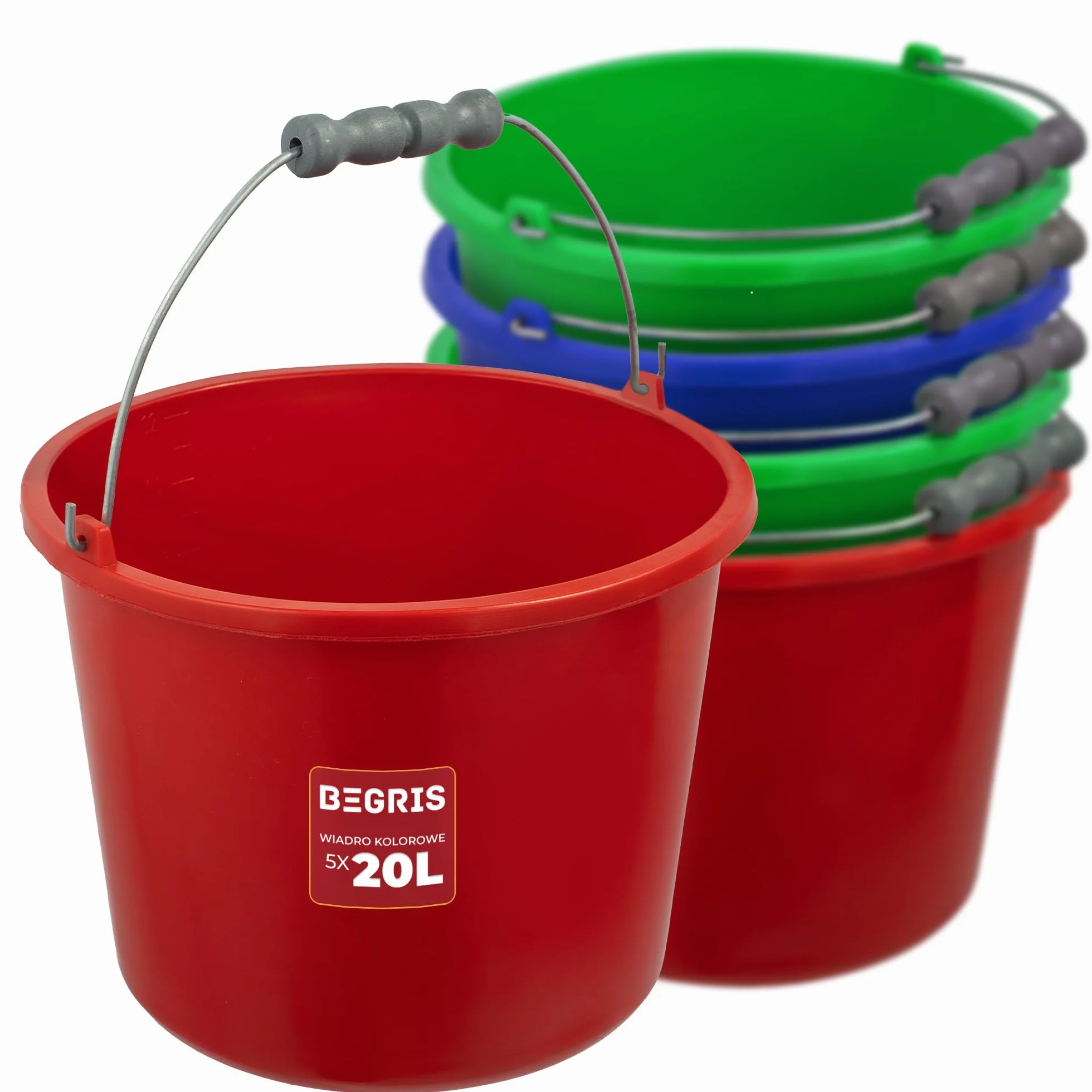 WIADRO BUDOWLANE GOSPODARCZE KOLOROWE 20L WIADERKO WIADRA 5 SZT Okrągłe Wiadro Mocne Plastikowe Wiaderko na Budowę, do Domu, Ogrodu Pojemnik z Metalową Rączką