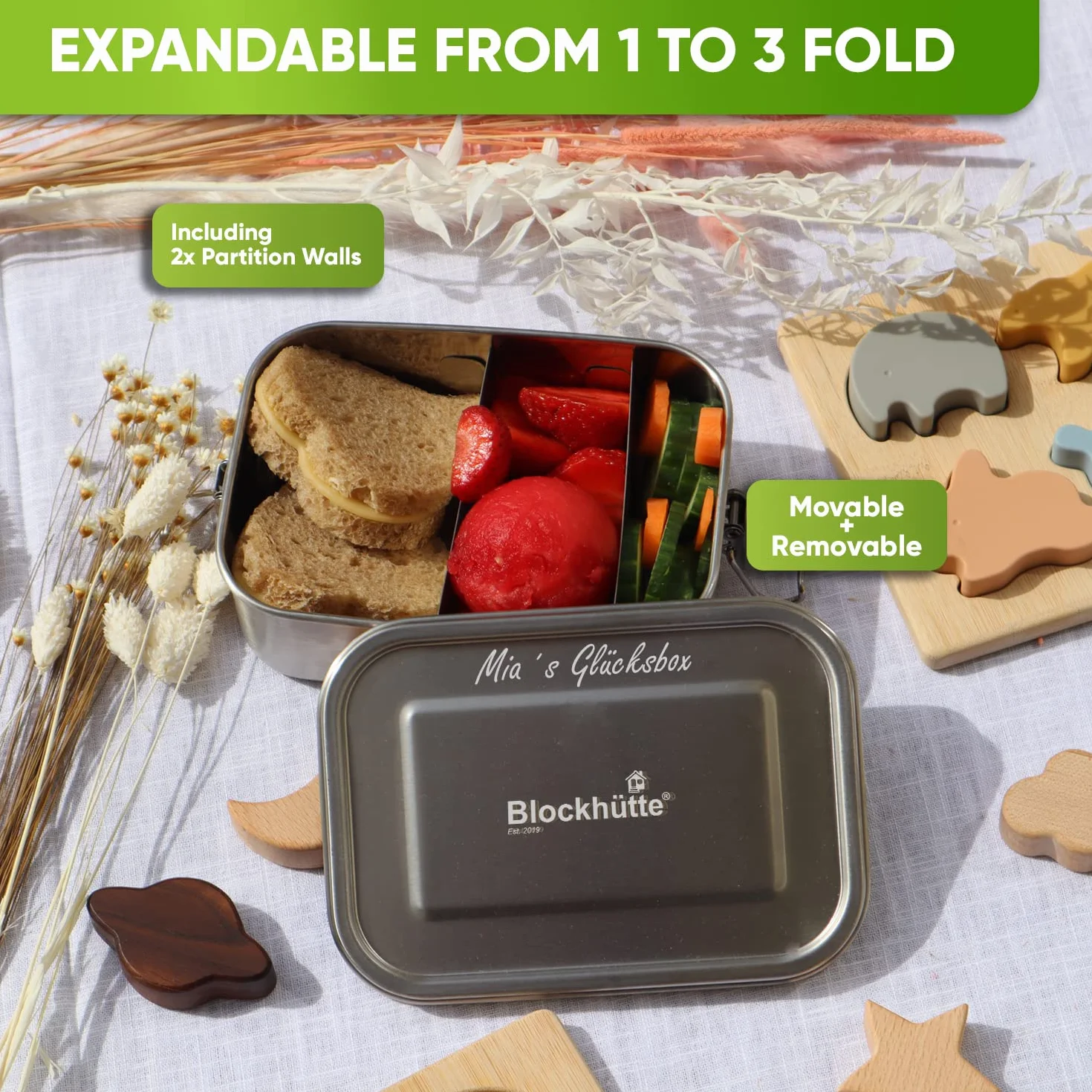 Blockhütte Personalizowany pojemnik na lunch ze stali nierdzewnej z grawerowaniem, 1400 ml, z imieniem, pudełko bento dla dorosłych, 3 przegródki, pudełka na posiłki