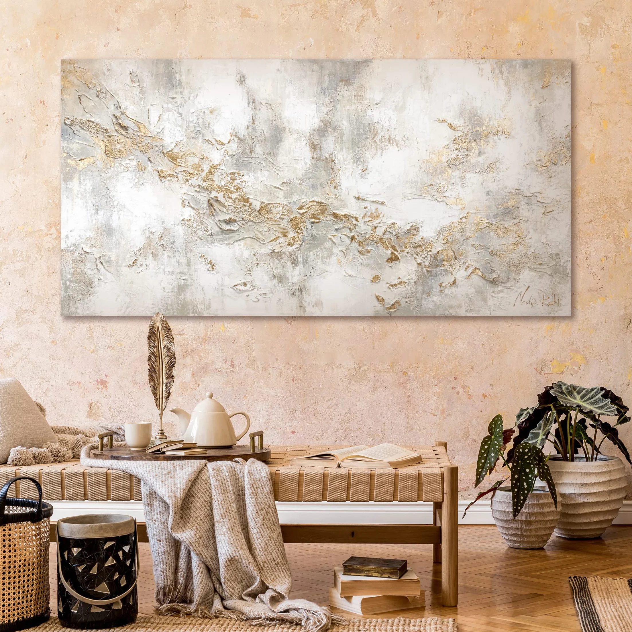 YS -Art obraz abstrakcyjny ręcznie robiony beżowy złoty kolor linie Geschichte dekoracja ścienna nowoczesny salon sztuka ścienna 120 x 60 cm