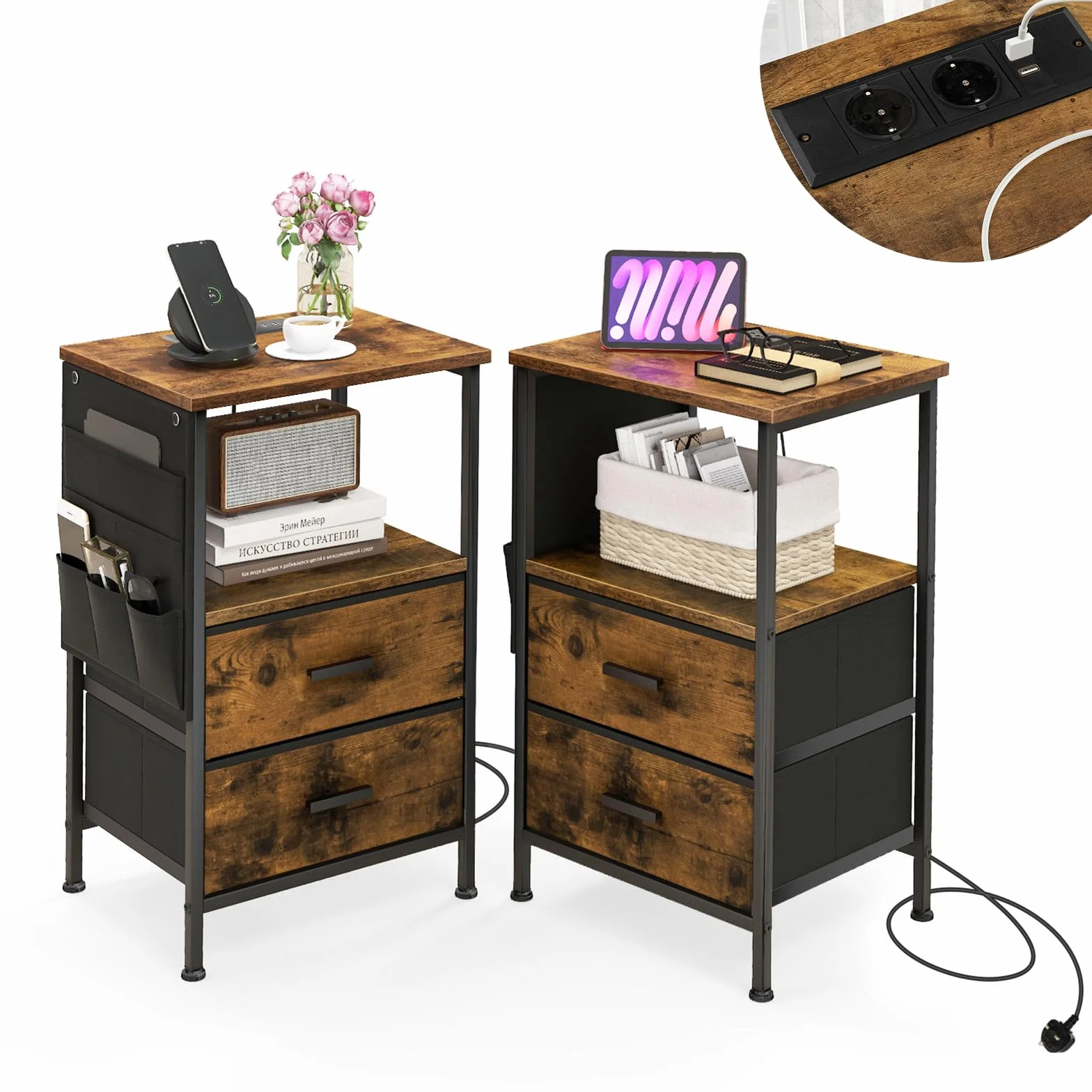GIANTEX Stolik nocny ze stacją ładującą, zestaw 2 szt. z portami USB i gniazdkami, stolik pomocniczy, stolik kawowy z 2 szufladami i 6 kieszeniami bocznymi, komoda nocna, 38 x 30 x 60 cm