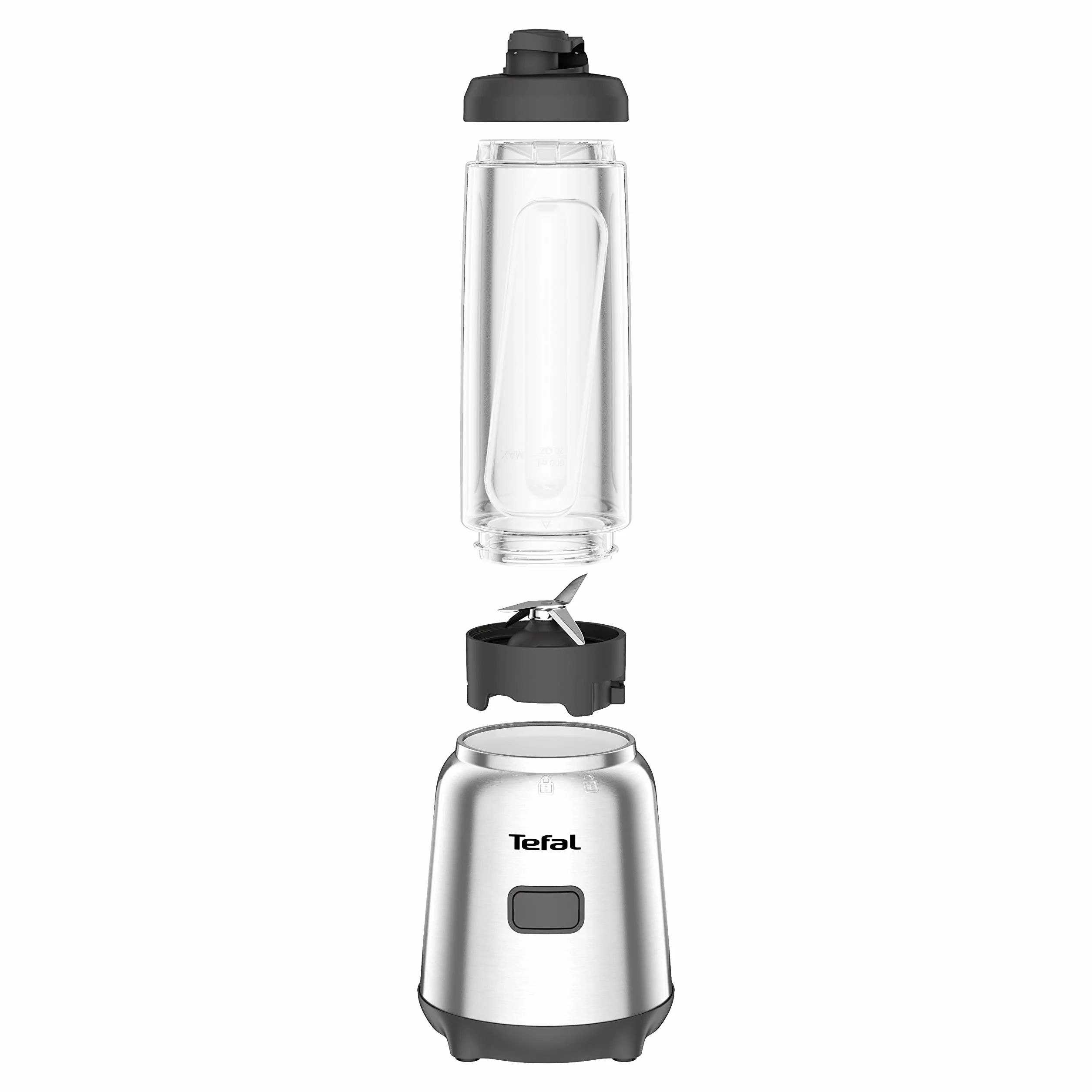 Tefal Mix & Move Mini Blender Kielichowy BL15FD, moc 300 W, 2 butelki To-Go, kompaktowa konstrukcja, łatwy do czyszczenia, zdejmowane ostrza, obsługa jednym przyciskiem, srebrny/czarny