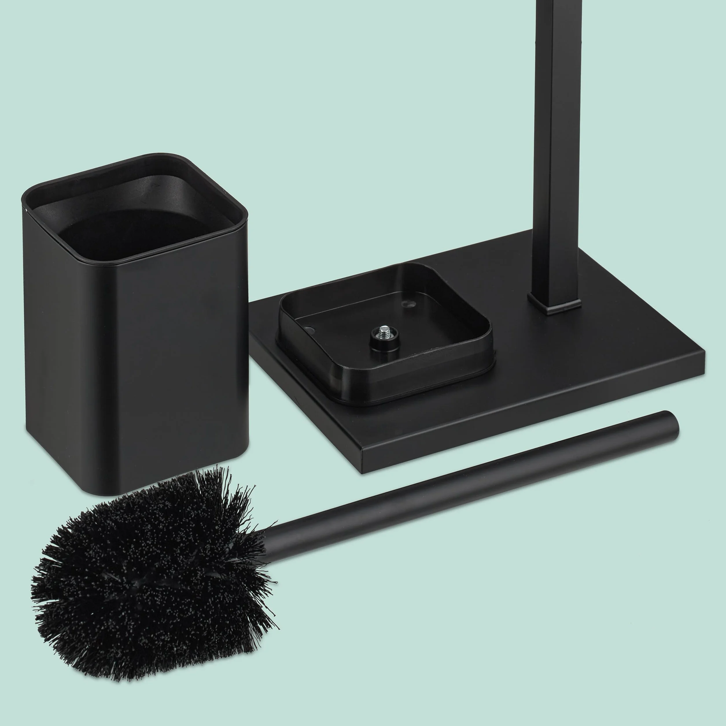 Relaxdays Zestaw do WC, wys. x gł.: 67,5 x 20 x 15,5 cm, metalowy, stojak na papier toaletowy, szczotka do toalety, zapasowy uchwyt na rolkę, czarny