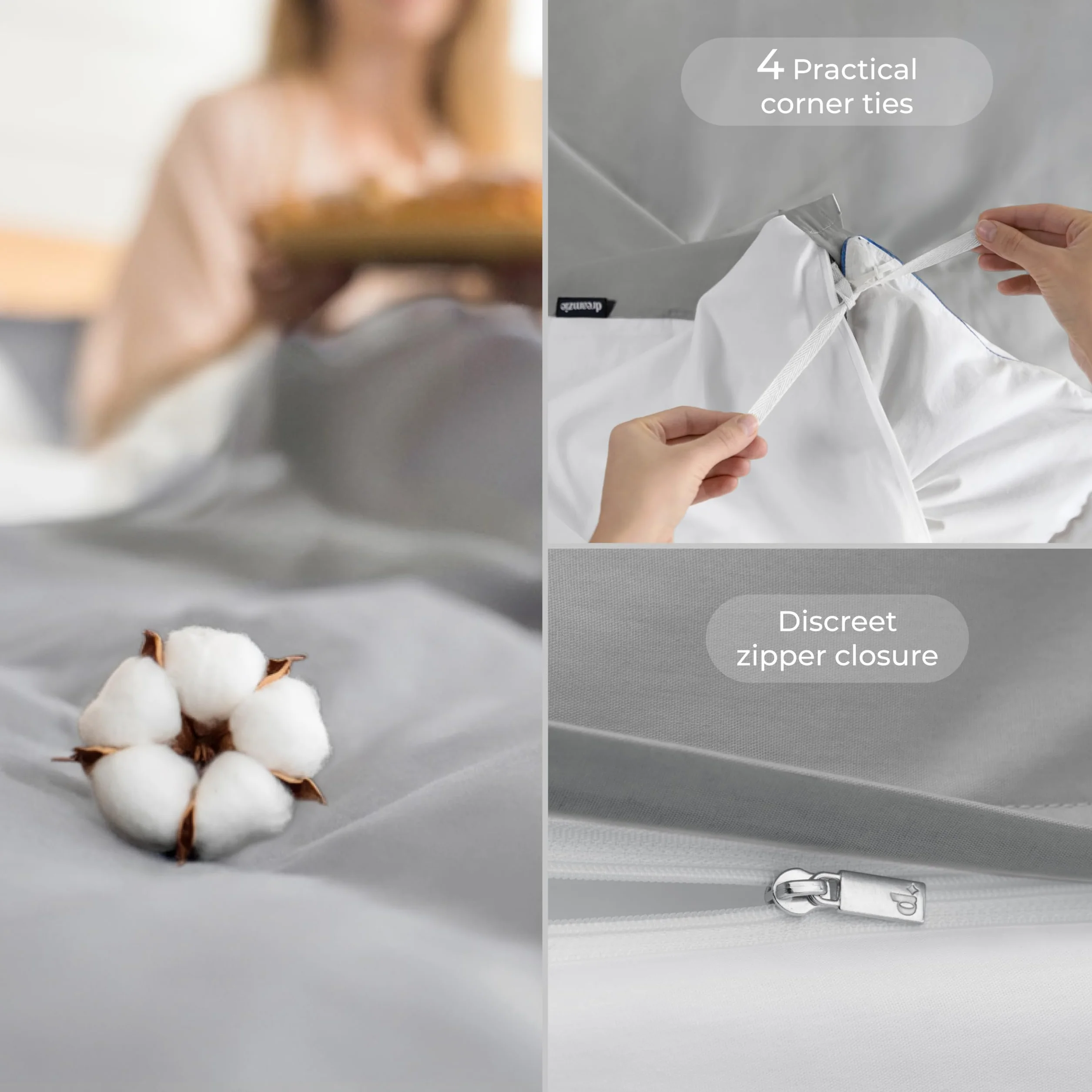 Dreamzie Bawełniana Pościel Dwustronna 200x200 Jasnoszara - 3-Częściowy Komplet Oeko-Tex