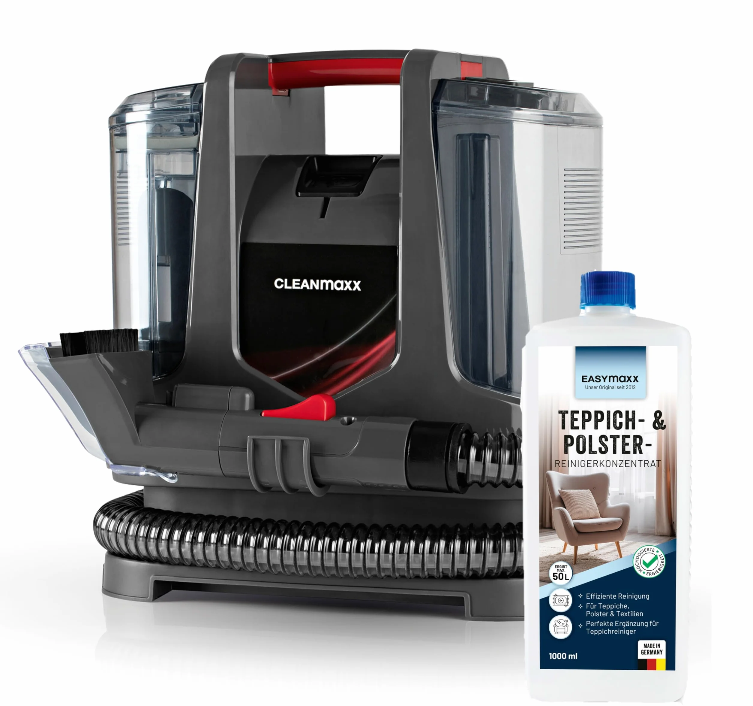 CLEANmaxx Środek do czyszczenia dywanów i tapicerki Compact Plus | odkurzacz do prania wraz z EASYmaxx środek do czyszczenia dywanów | odkurzacz na mokro i odkurzacz do prania, nadaje się do sofy