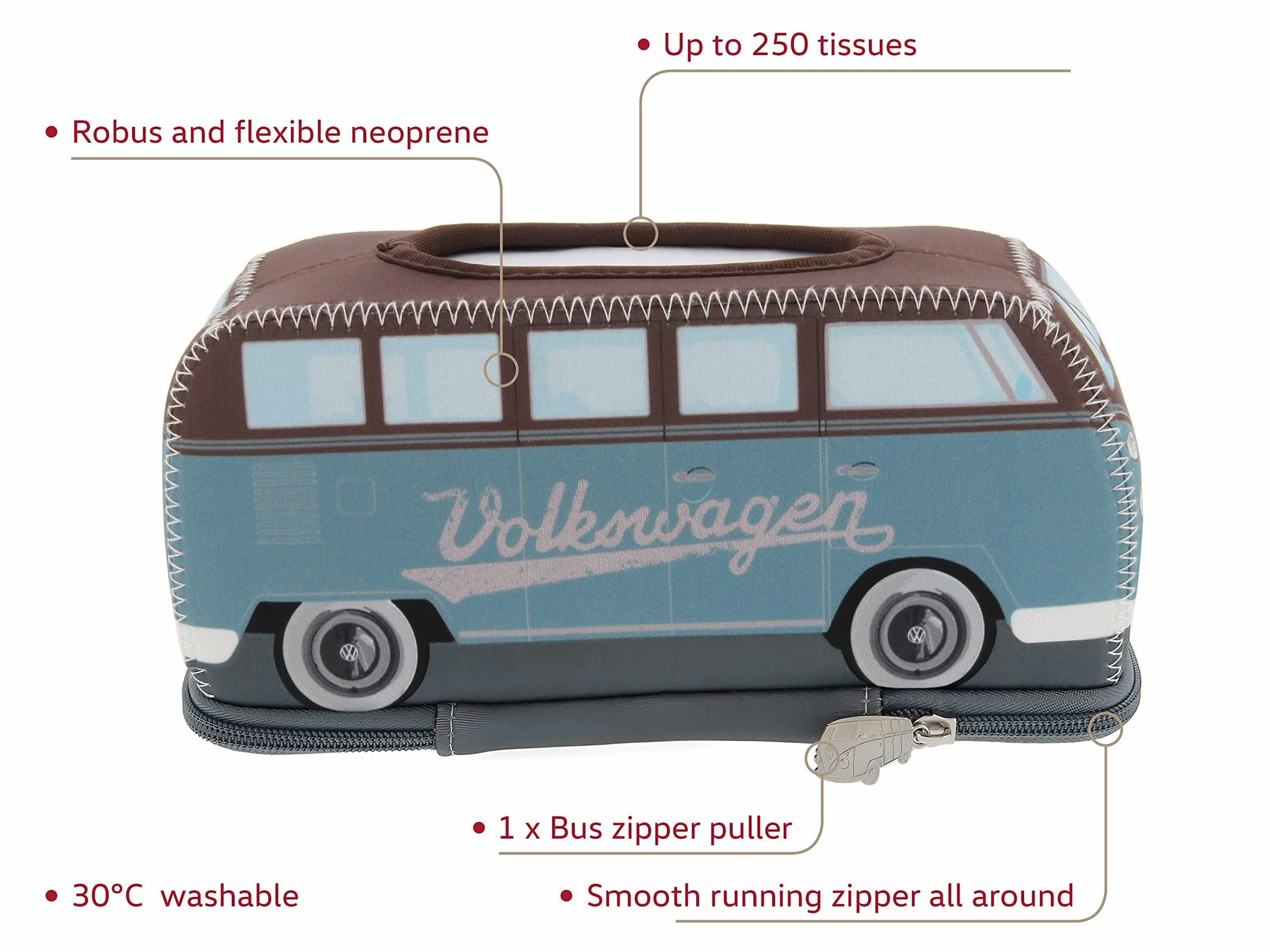BRISA VW Collection Volkswagen neoprenowy dozownik serwetek pudełko na chusteczki higieniczne T1 Bulli Bus petrol brązowy