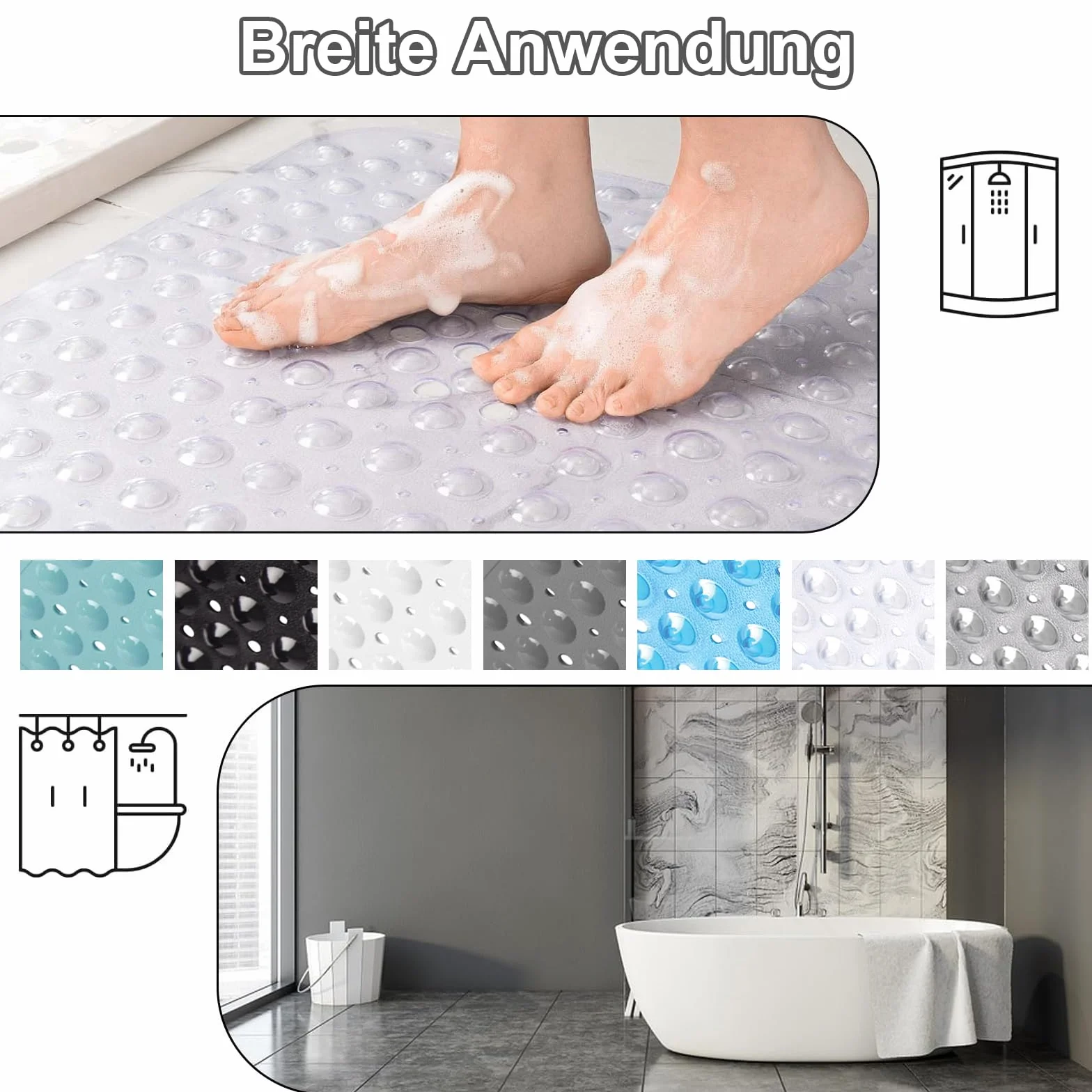 Mata pod prysznic antypoślizgowa, 100x40cm Mata antypoślizgowa do prysznica z przyssawkami, Długa mata antypoślizgowa do wanny, Mata do wanny z PVC z otworami na odpływ, Miękka pod stopami mata do