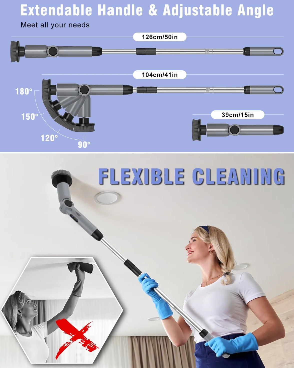 Elektryczna myjka obrotowa, regulowany kąt, bezprzewodowa elektryczna szczotka do czyszczenia,z 8 wymiennymi głowicami szczotek,wyświetlacz baterii, prędkość 450 obr./min