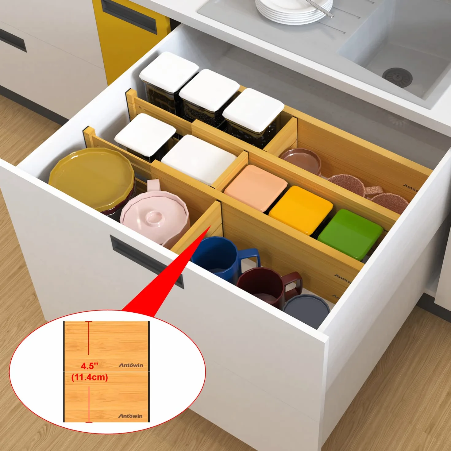 ANTOWIN Bambusowe Organizery do Szuflad, Przegródki, Długość 43-56 cm, Regulowany Organizer Sprężynowy na Przybory, Ubrania, Narzędzia