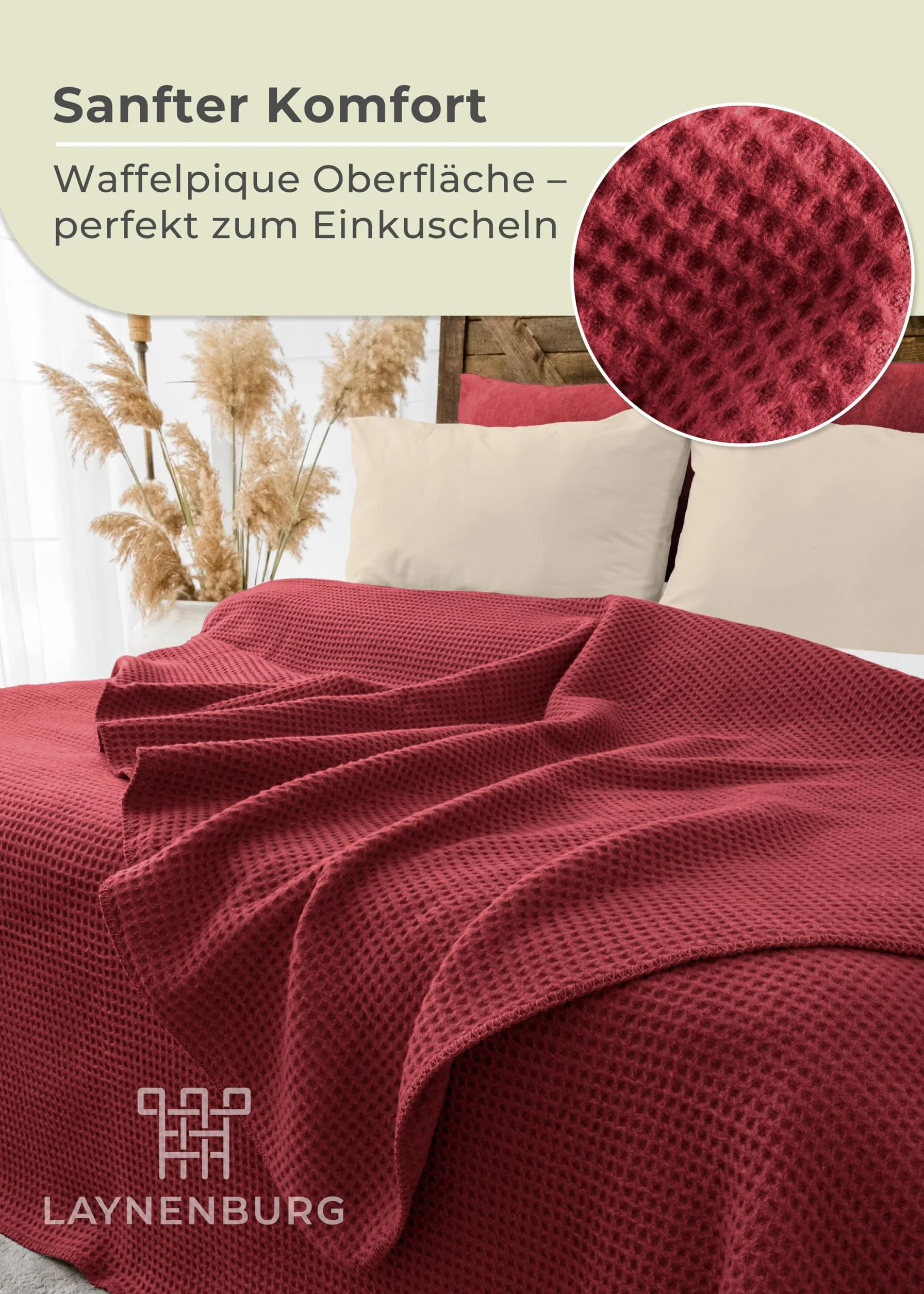 LAYNENBURG Koc bawełniany o strukturze waflowej, 220 x 240 cm, Öko-TEX 100, mieszanka bawełny, koc do przytulania, jako koc na sofę, koc na kanapę, przytulny, ciepły z bawełny (bordowy)