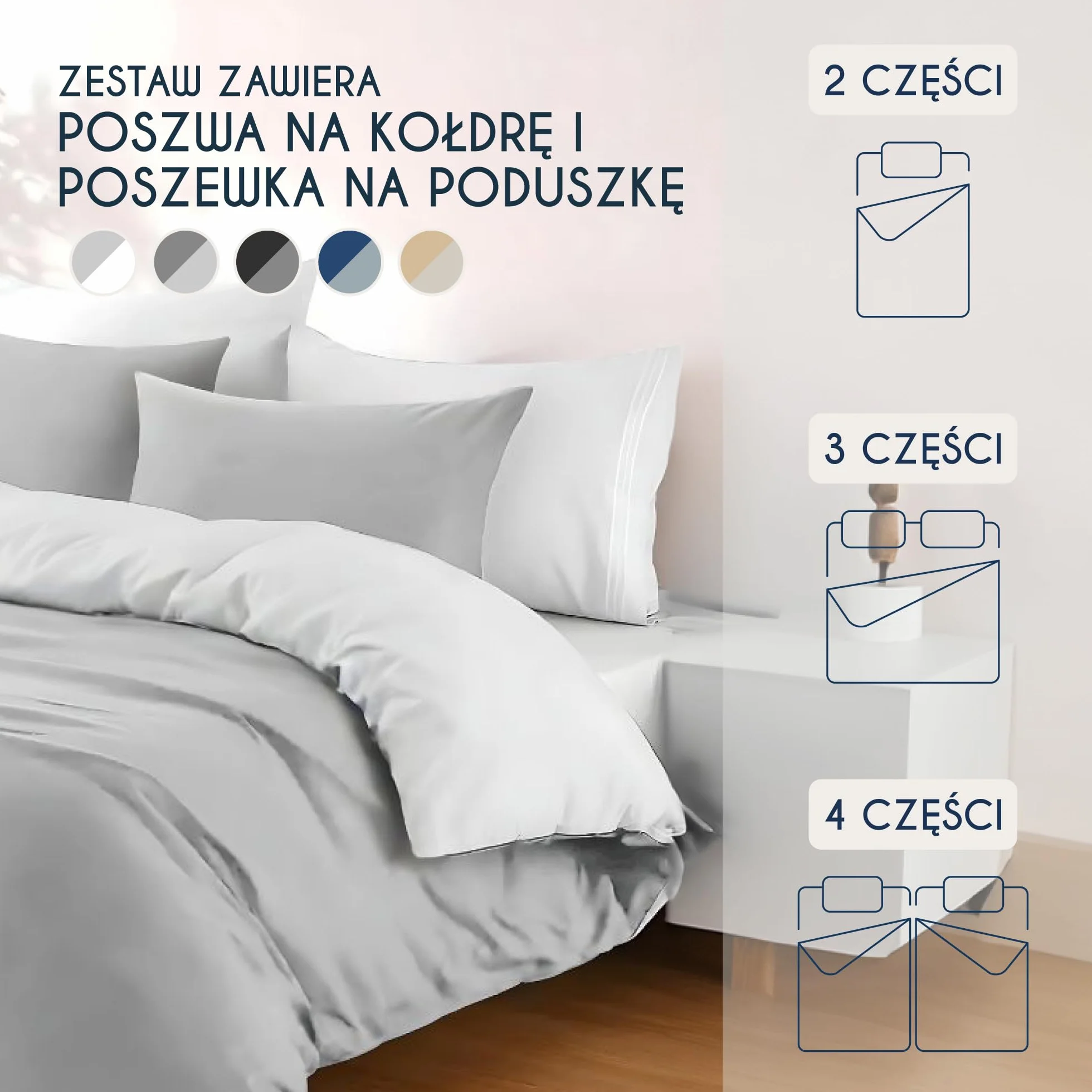 Dreamzie - Poszewka na kołdrę 155x220 cm z 2 poszewkami na poduszki 80x80 cm - Jasnoszary/Biały - Zestaw pościeli 155x220 ze 100% mikrofibry - 3 sztuki - Oeko TEX