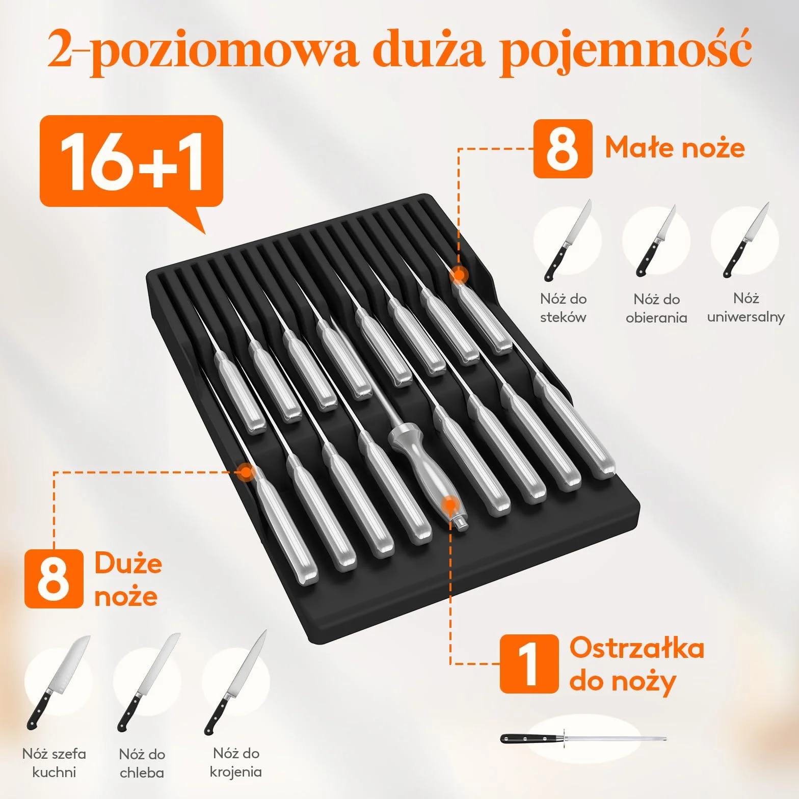 Lifewit Magnetyczny uchwyt na noże, szuflada na 16 noży, 29,5 x 42 x 5 cm, organizer na noże z antypoślizgowym dnem, pusty blok na noże z tworzywa sztucznego, duży wkład do szuflady, czarny
