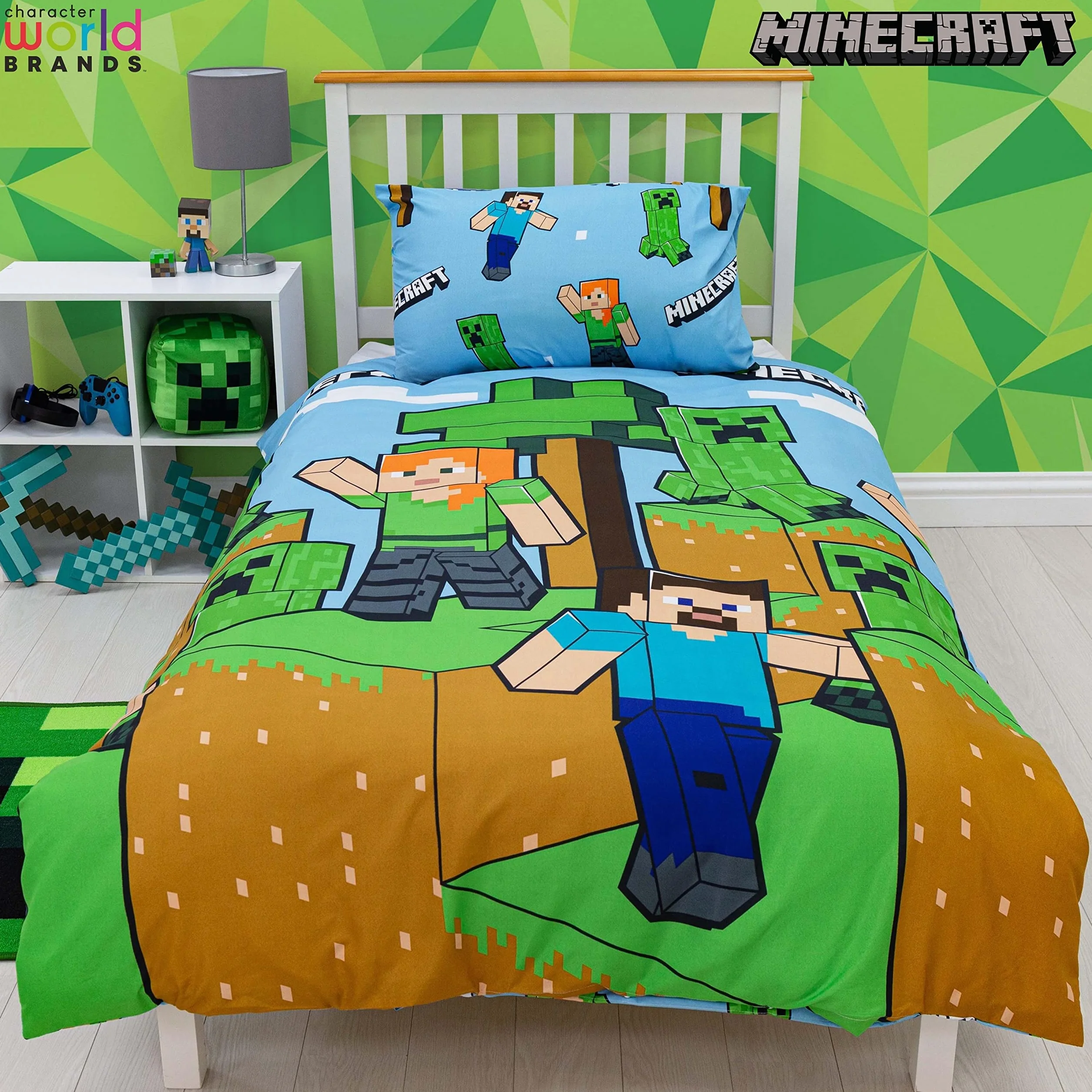Minecraft Oficjalny zestaw poszewek na pojedynczą kołdrę, epicki design | Niebieska dwustronna poszewka na kołdrę z 2 stronami, oficjalny towar, w tym pasująca poszewka na poduszkę