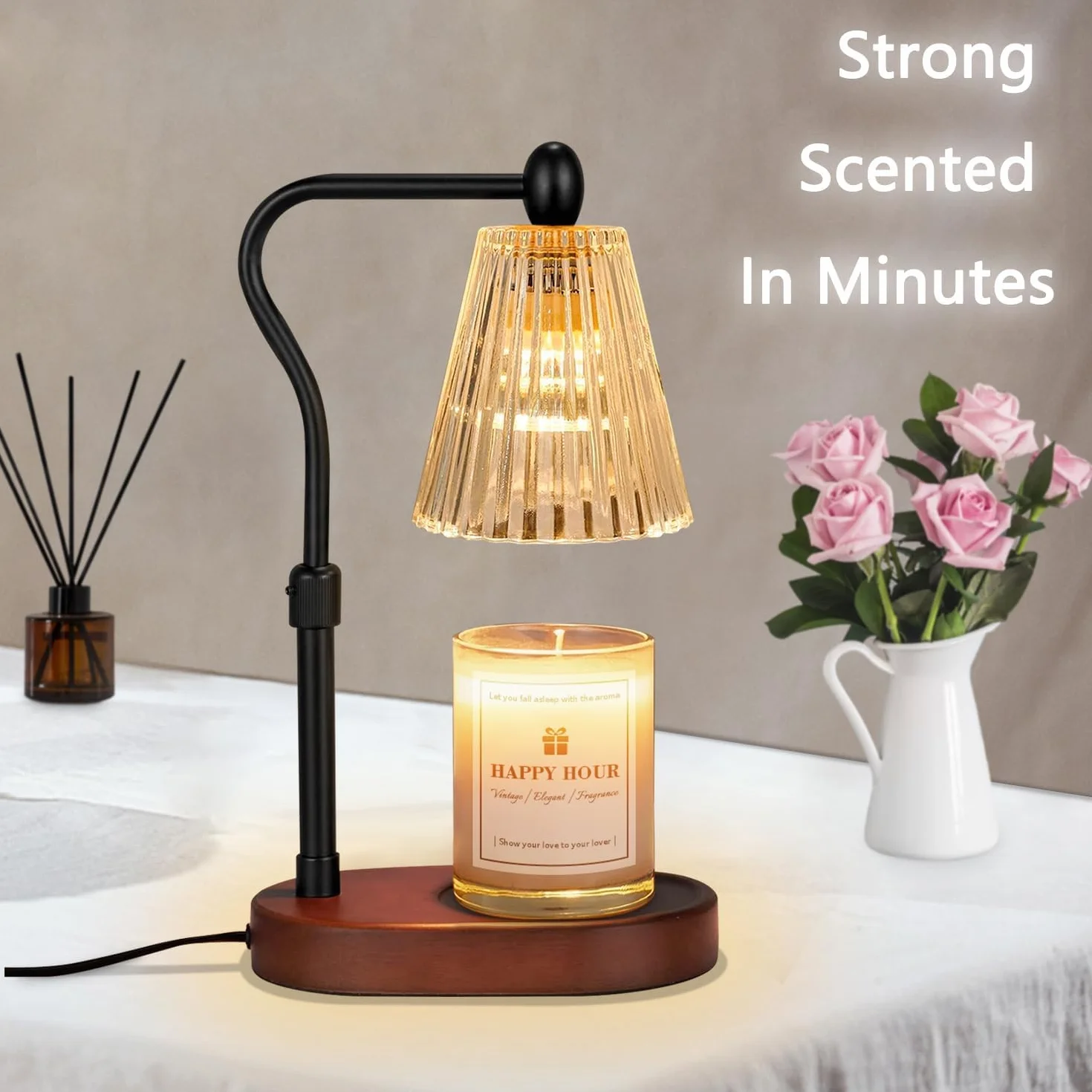 Loowoko Podgrzewacz świec, ciepła lampa z timerem i ściemniaczem, regulacja wysokości, z 2 żarówkami, lampa do świec zapachowych w szkle, dekoracja, brązowa