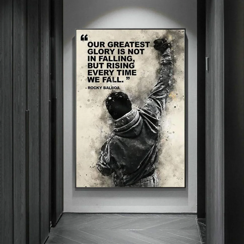 WTYBGDAN Czarno-białe Rocky Balboa pudełka na płótnie, druk plakatów i wydruków, plakat motywacyjny, sztuka ścienna do dekoracji sypialni | 50 x 70 cm / bez ramy