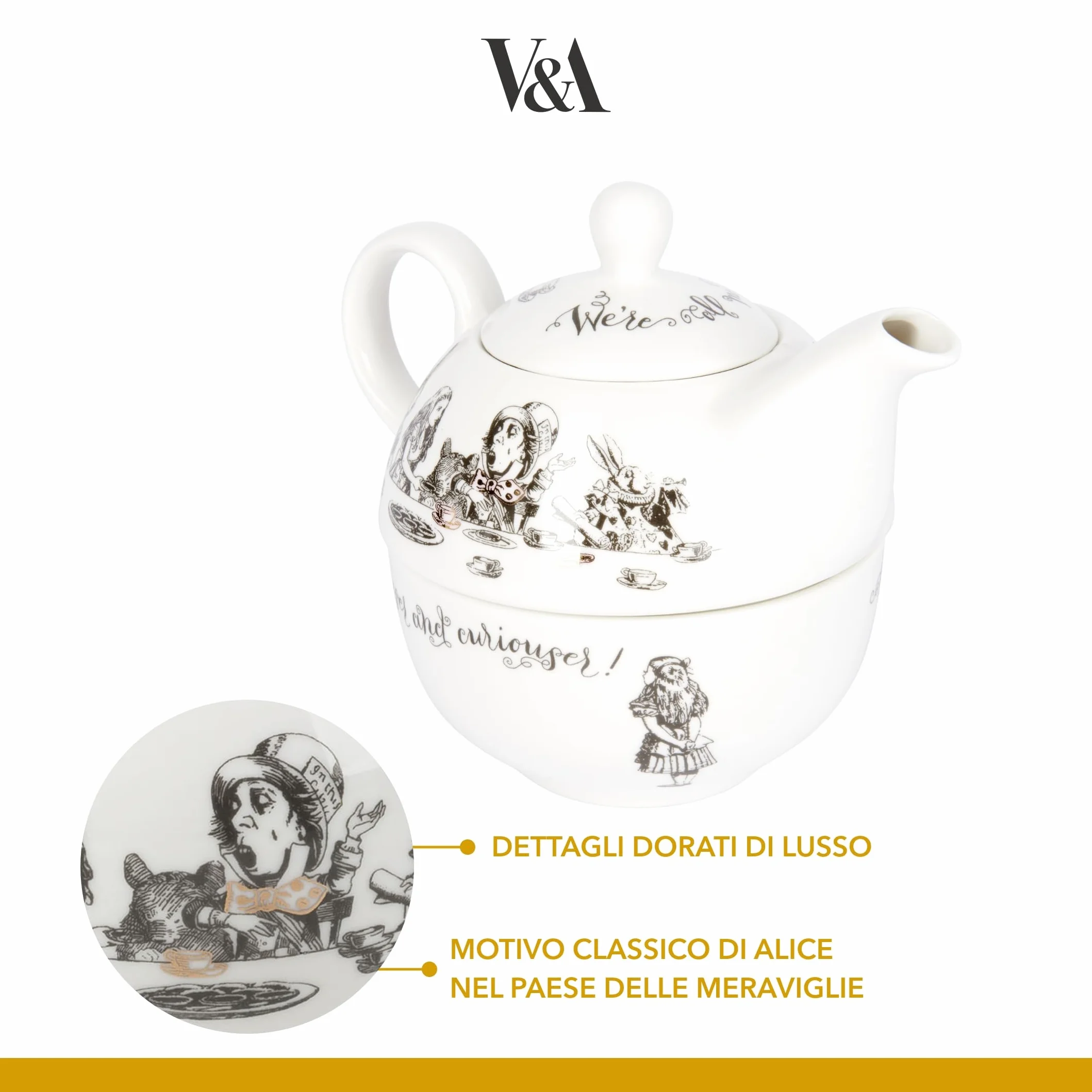 V&A Aiicja w Krainie Czarów, Zestaw Dzbanka i Filiżanki do Herbaty, dla Jednej Osoby, w Opakowaniu Prezentowym, Chińska Porcelana, Pojemność: 250 ml - Kolor Biały