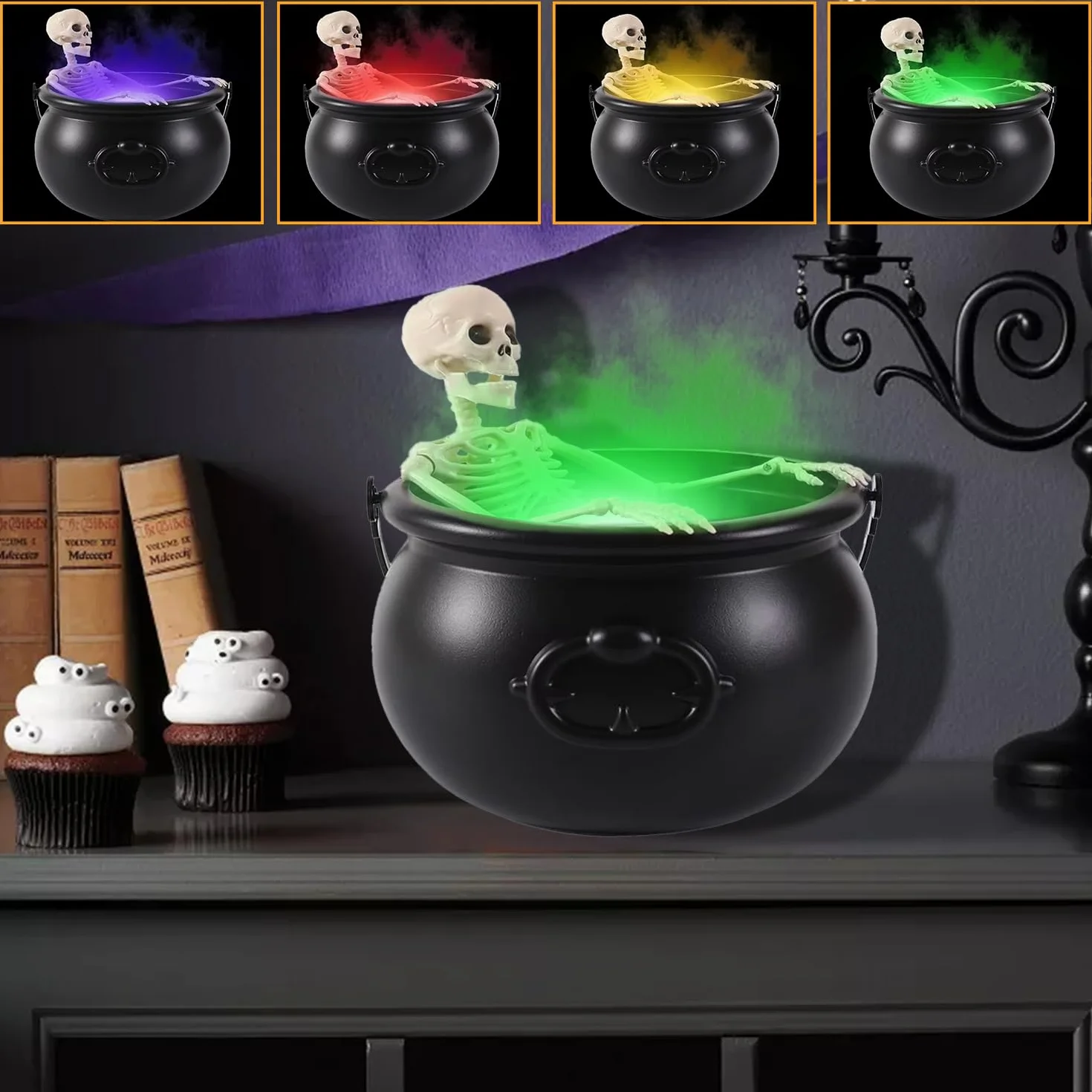 KEELYY Dekoracyjny kocioł czarownicy na Halloween, ze szkieletem, diodami LED i wytwornicą mgły, garnek czarownicy z dyfuzorem mgły, duży czarny czarownic Cauldron, kocioł dekoracyjny na Halloween