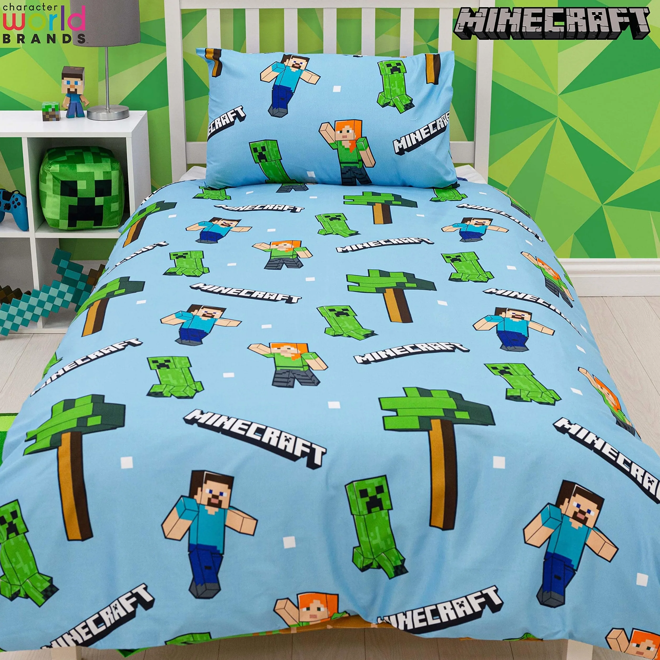 Minecraft Oficjalny zestaw poszewek na pojedynczą kołdrę, epicki design | Niebieska dwustronna poszewka na kołdrę z 2 stronami, oficjalny towar, w tym pasująca poszewka na poduszkę