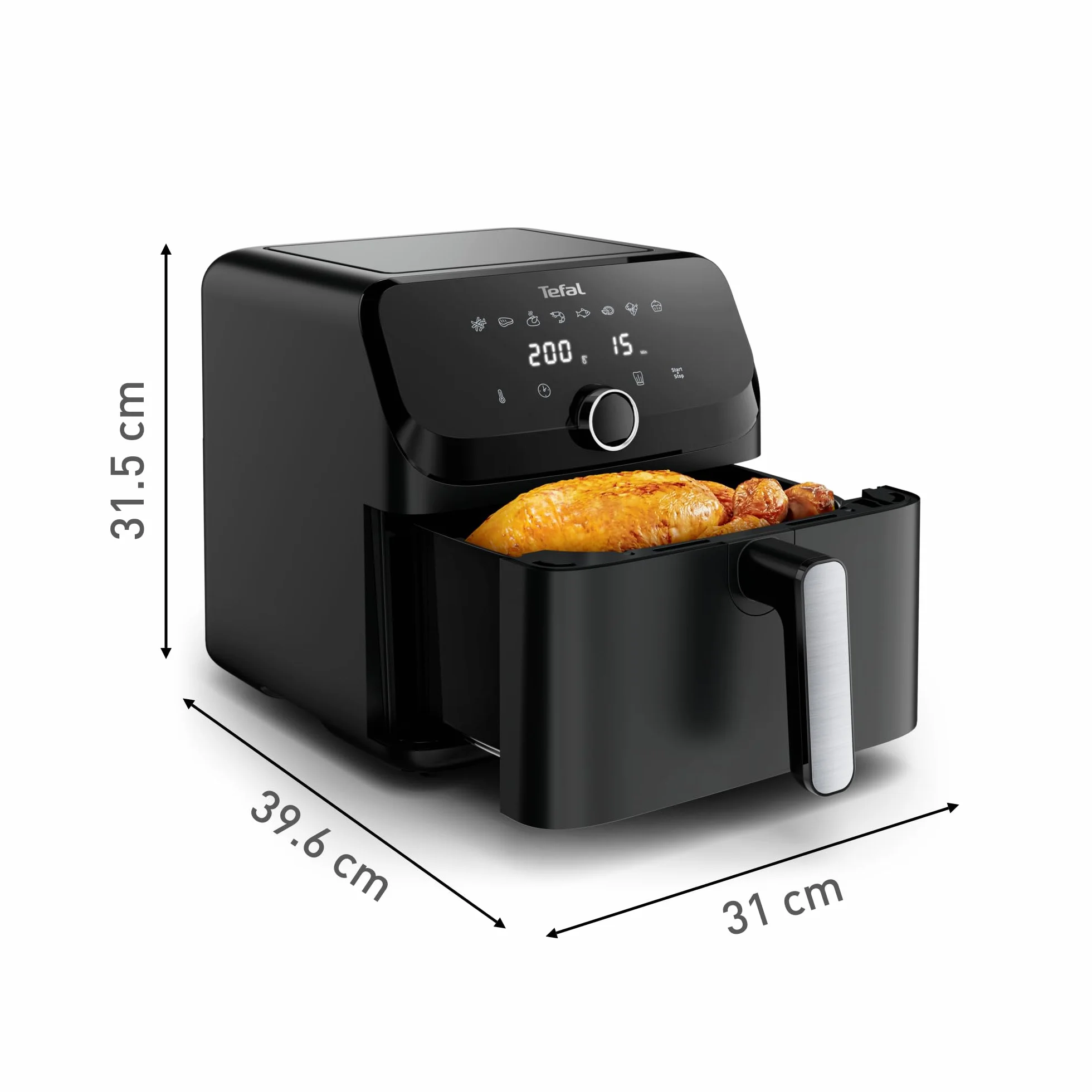 TEFAL EY8558 Easy Fry Mega frytkownica, 7,5 l, do 8 osób, 99% mniej tłuszczu, 8 automatycznych programów, cyfrowy wyświetlacz, 65% mniej energii, gotuj 37% szybciej, części do mycia w zmywarce, czarna