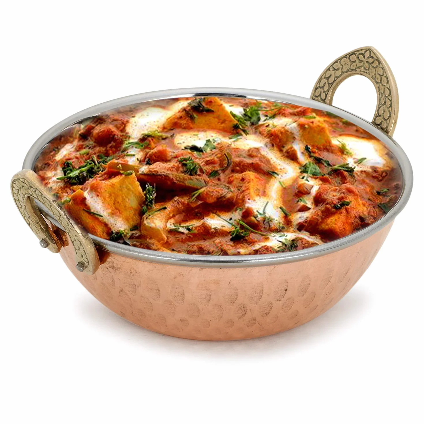Zap Impex Indyjskie naczynie do serwowania miedziane młotkowane karahi ze stali nierdzewnej do serwowania indyjskich naczyń z curry 2-częściowy zestaw, średnica 13 cm