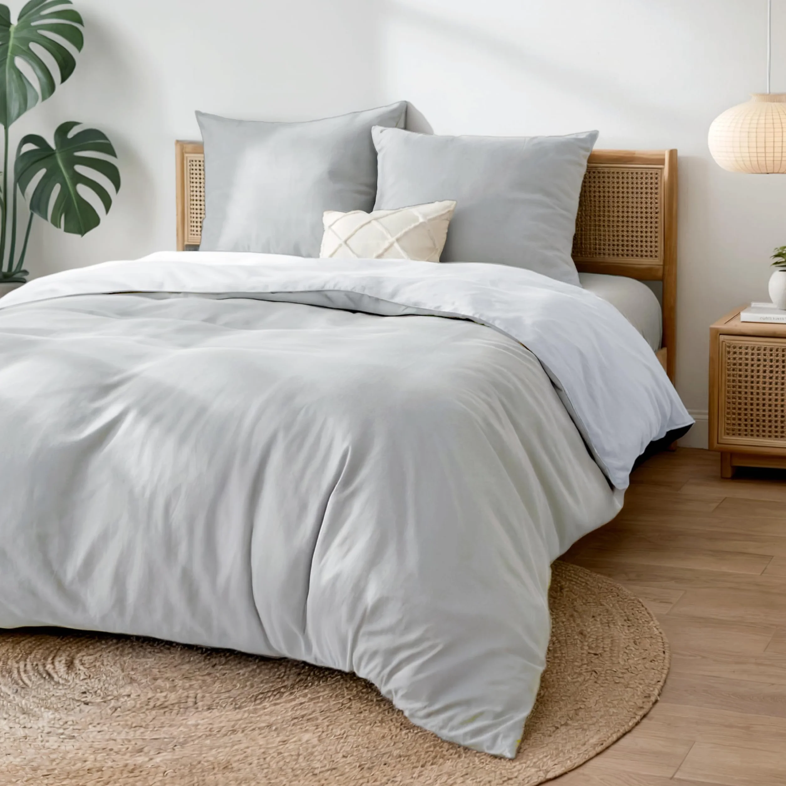 Dreamzie Bawełniana Pościel Dwustronna 200x200 Jasnoszara - 3-Częściowy Komplet Oeko-Tex