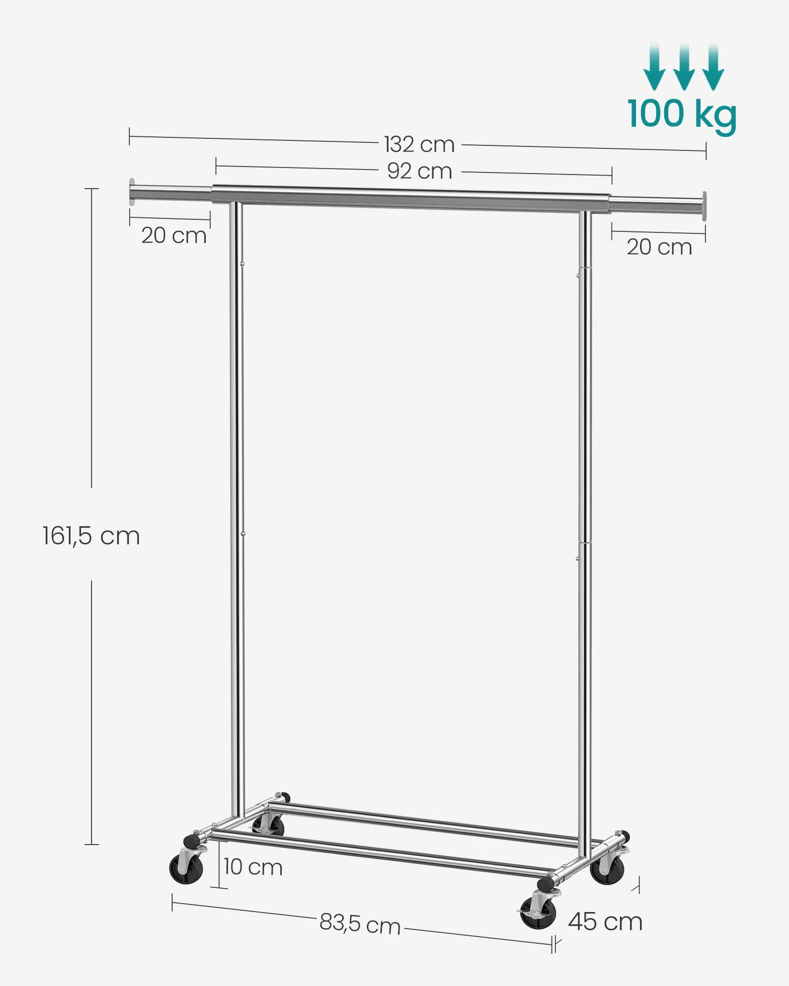 SONGMICS Stojak na ubrania z kółkami, wysuwany drążek do dużego obciążenia, wieszak na płaszcze, przechowywanie odzieży, nośność 90 kg, łatwy montaż, srebrny HSR13S