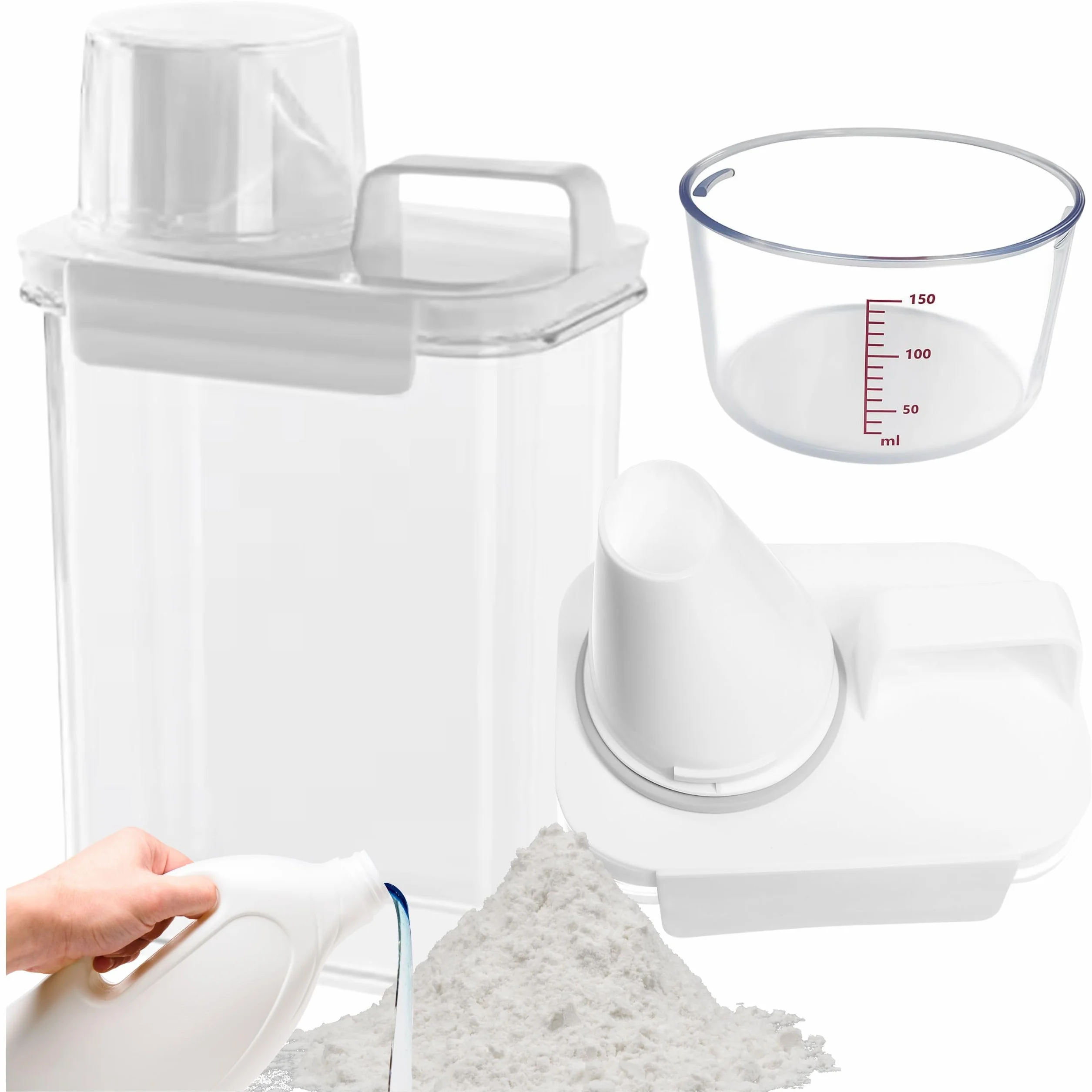 POJEMNIK ORGANIZER ŁAZIENKOWY NA PROSZEK DO PRANIA PŁYN DO PŁUKANIA DETERGENTY ZAMYKANY PRZEZROCZYSTY PUDEŁKO Z UCHWYTEM I MIARKĄ 1800ml