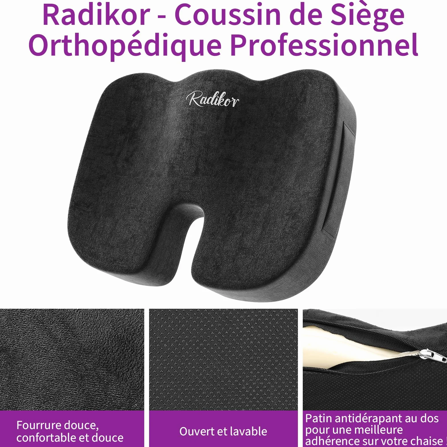 Radikor Poduszka na krzesło biurowe, ortopedyczna poduszka do kości ogonowej, ergonomiczna poduszka kulszowa, wykonana z pianki pamięciowej, z antypoślizgową podstawą, łagodzi kość ogonową, czarna