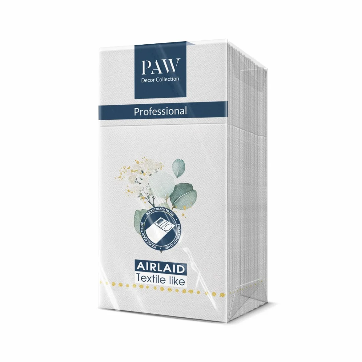 PAW - Serwetki z Airlaid - podobne do materiału (1/8 kieszeni) I 25 sztuk I idealne na wesele, chrzest, komunię, urodziny I serwetki materiałowe - liście, eukaliptus, złoty I kolor: złoty eukaliptus