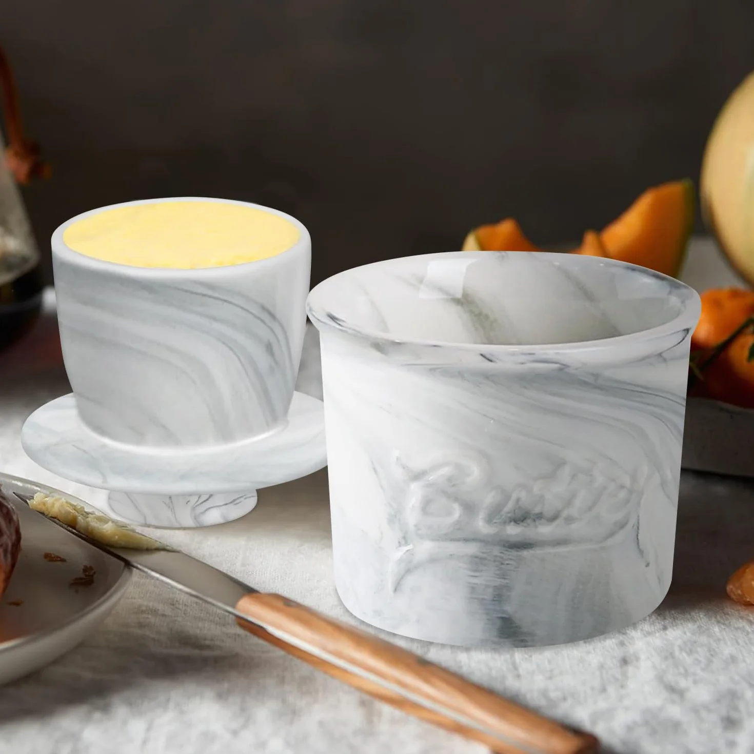 Maselniczka z pokrywką, francuska maselniczka z ceramiczną pokrywką, masło do smarowania masła (marmur, 10 cm)