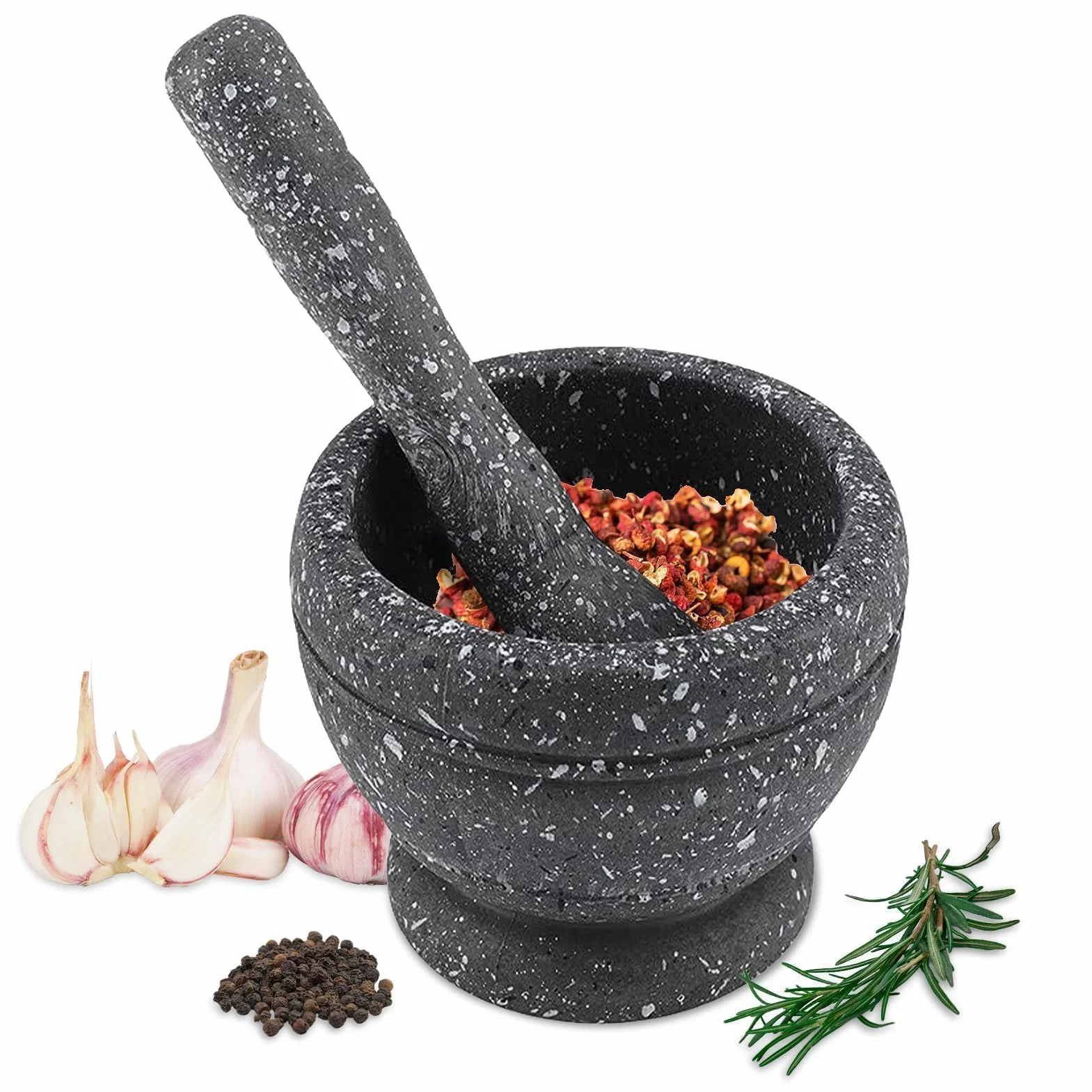 Moździerz i tłuczek, miska do mielenia z młotkiem prętowym, sos tłuczek do czosnku młynek ręczny kruszarka gadżety kuchenne przyprawy do przypraw(Black Granite Grain)