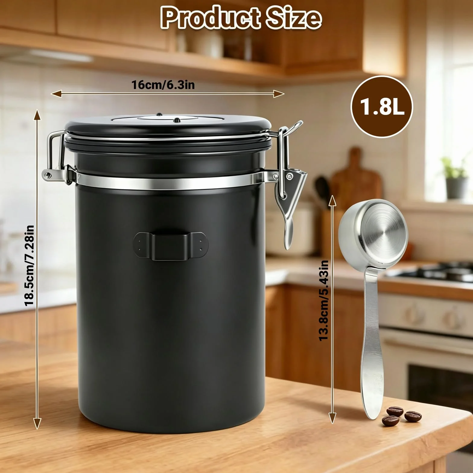 Puszka na kawę ze stali nierdzewnej o pojemności 1,8 l, siedzisko na puszkę, puszka na kawę z datownikiem i łyżeczka ze stali nierdzewnej do kawy mielonej, herbaty, kakao i orzechów (czarna)