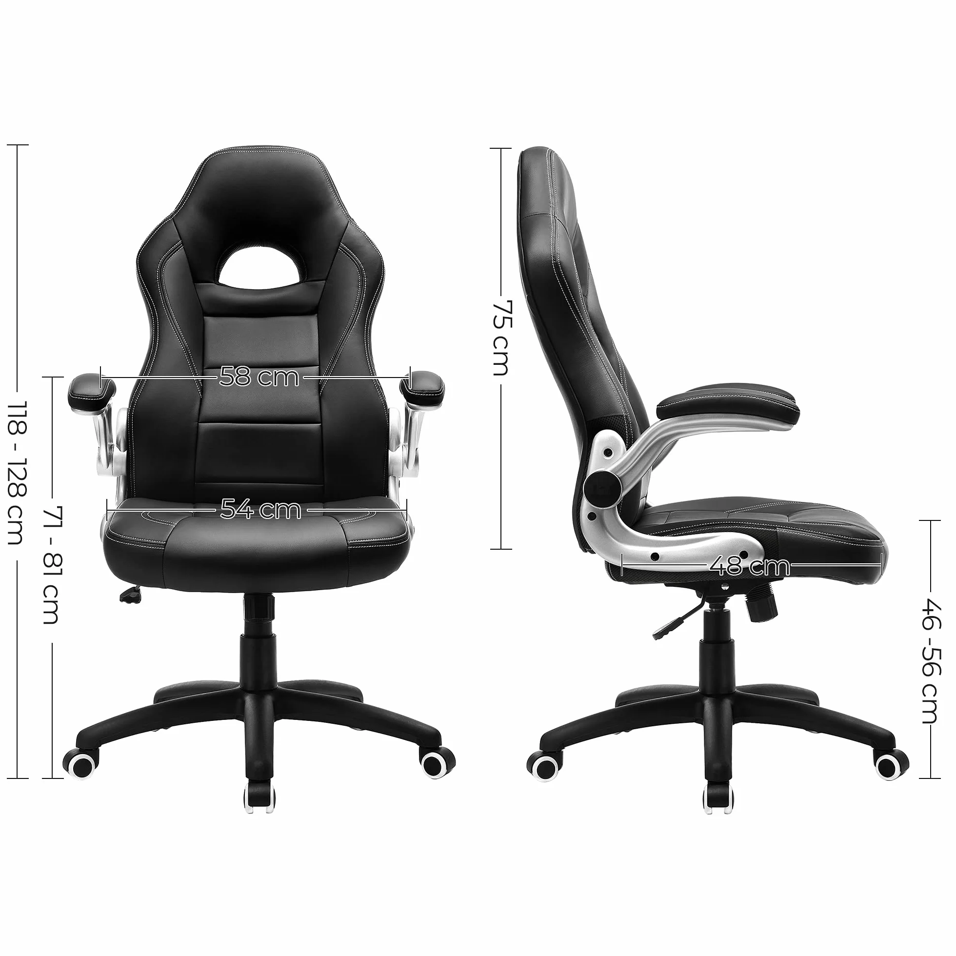 SONGMICS Krzesło gamingowe, Racing Chair, krzesło biurowe z wysokim oparciem, krzesło biurowe, z regulacją wysokości, składane podłokietniki, funkcja przechylania, dla graczy, czarne OBG28B