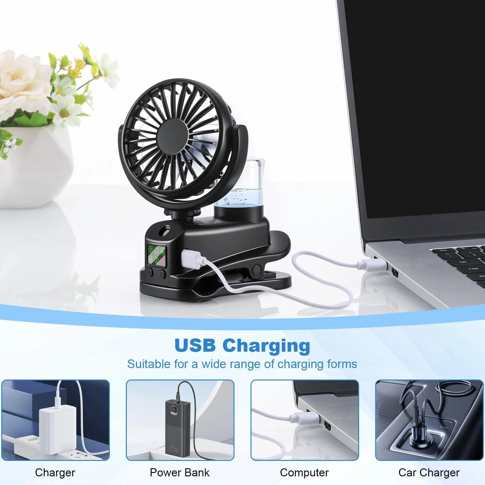 JIZZU Wentylator stołowy USB z mgiełką wodną, 4 prędkości, wiatrak, regulowany wentylator stołowy z wyświetlaczem LED (czarny)