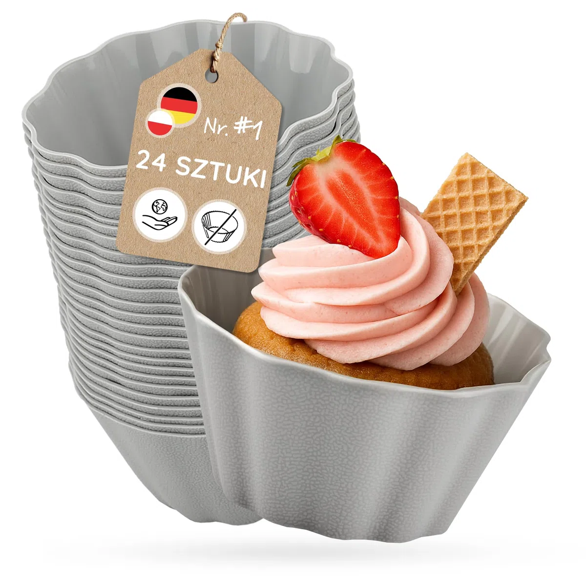 Backefix silikonowe foremki do muffinek zestaw – 24 szt., szare (Ø 6 cm) – nieprzywierające, platynowy silikon, do zmywarki, bez BPA i PFAS – do muffinów, cupcakes, deserów, ciastek