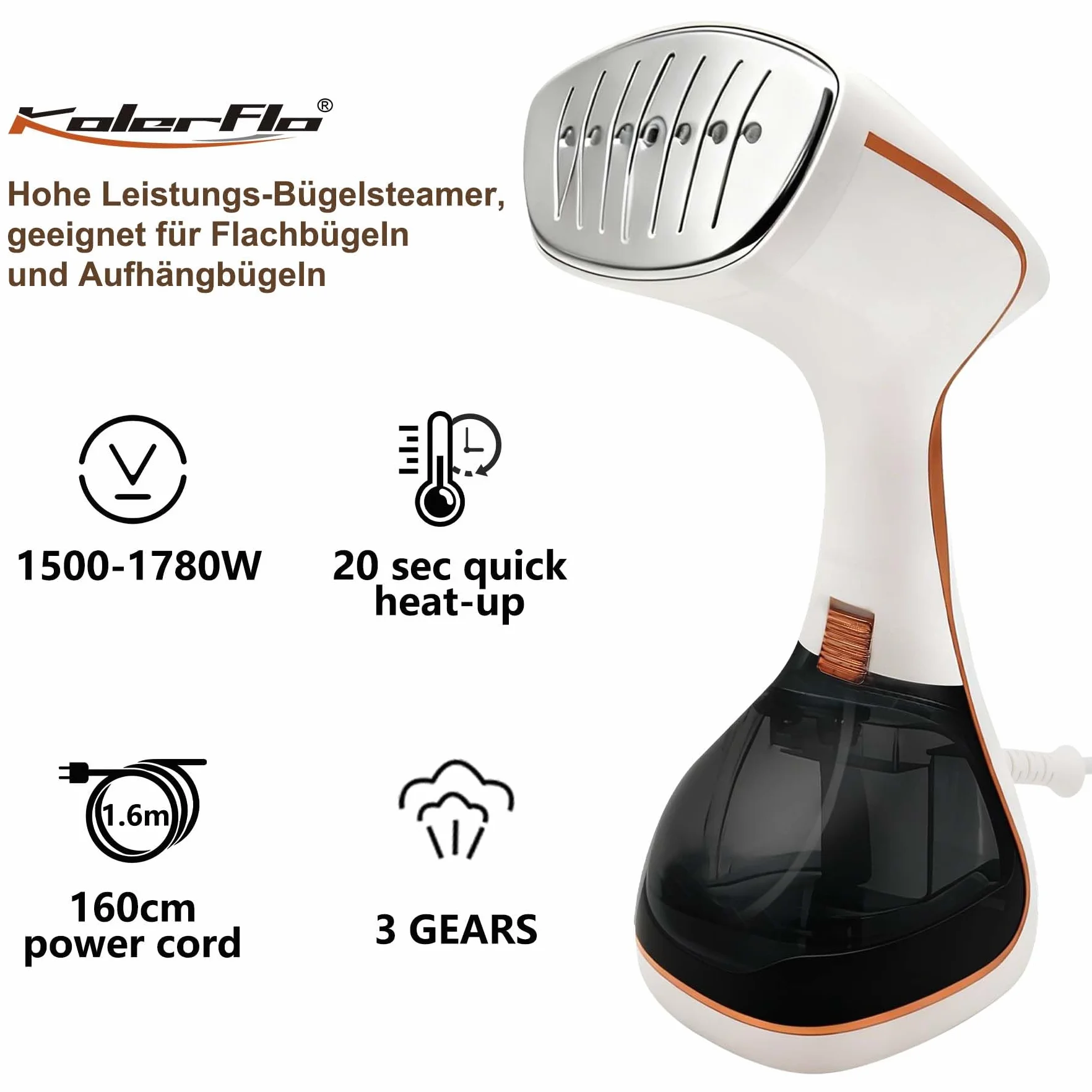 Parownica parowa 1780 W, 20 sekund, bardzo szybkie nagrzewanie, 320 ml, duży zdejmowany zbiornik (30 g/min para), 3 poziomy i automatyczne wyłączanie, 2 w 1, pionowo/poziomo, do domu, biura i