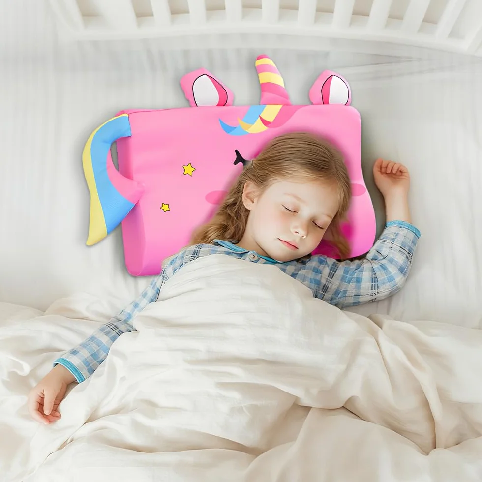 Schlummerkids Poduszka dla dzieci, 45 x 27 x 6 cm, oddychająca poduszka dla dzieci, wyjątkowa poduszka ze zwierzętami, ergonomiczna poduszka do spania dla małych dzieci (różowa)