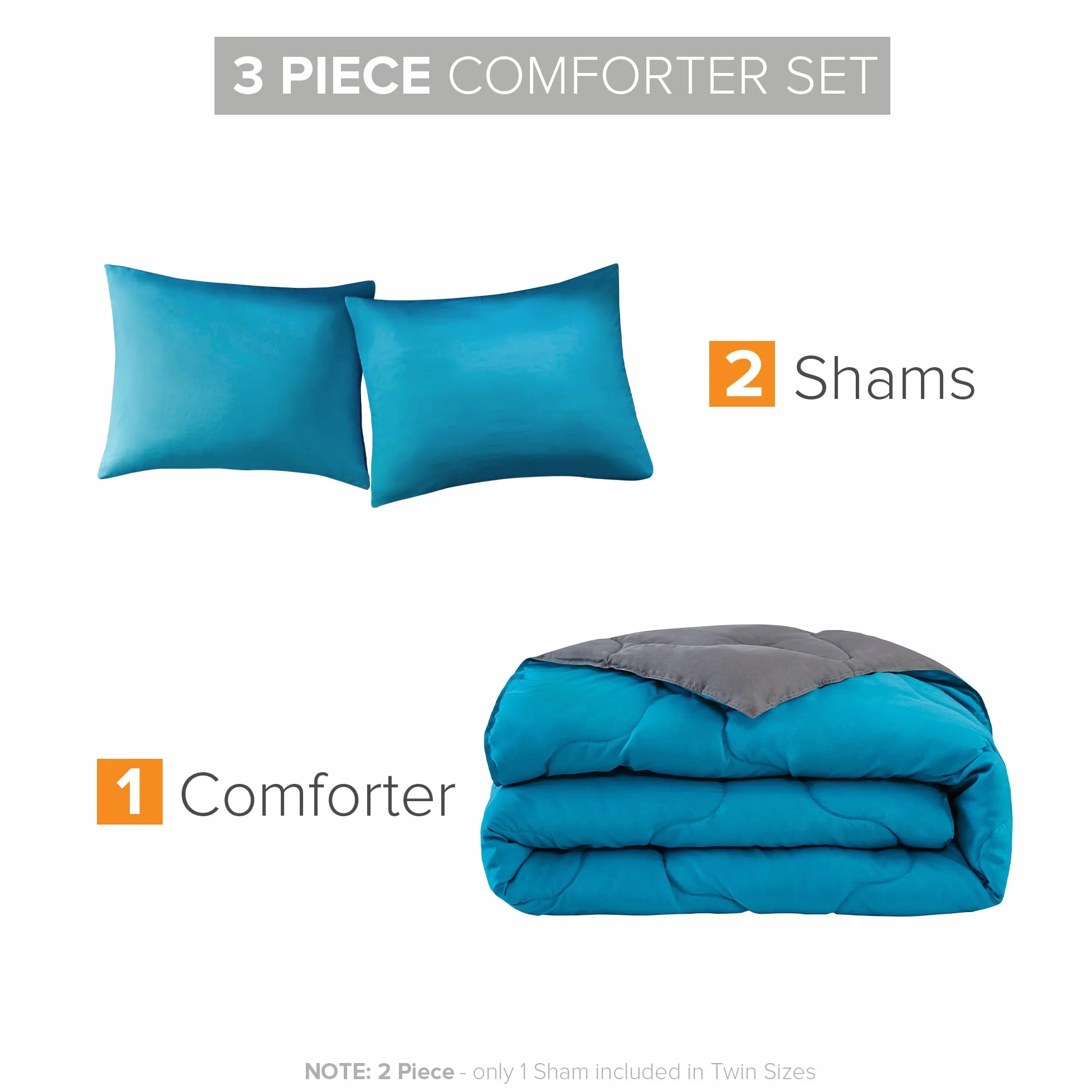 Comfort Spaces Vixie Reversible Comforter Set - Trendy Casual Geometric Quilted Cover, All Season Down Alternative Cozy Bedding, Matching Sham, Teal/Charcoal, Full/Queen 3 piece