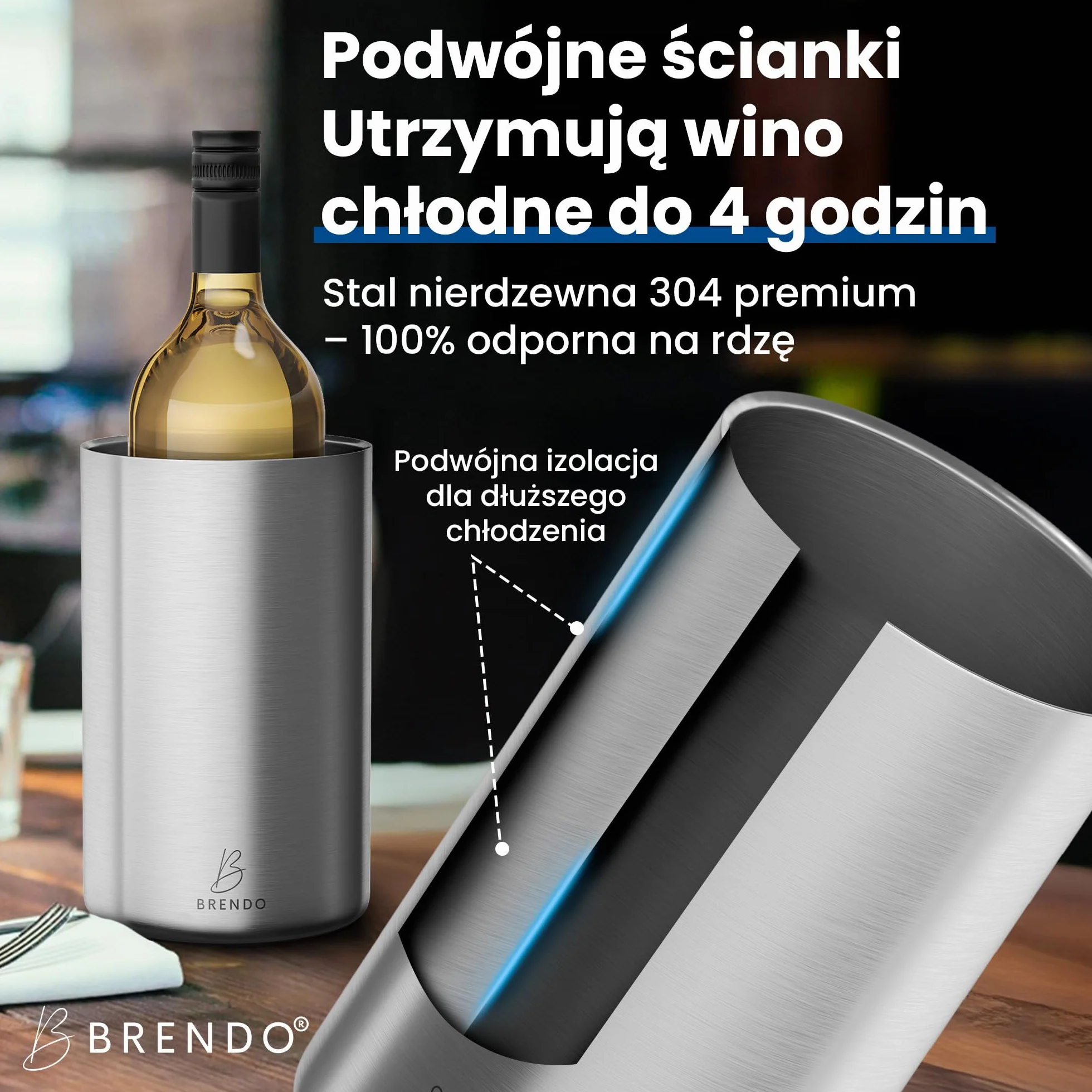 Brendo Chlodzarka do Wina Stal Nierdzewna Podwojna Scianka Izolowana | Chlodzarka do Butelki Wina Szampana i Napojow | Zestaw Prezentowy dla Mezczyzn i Kobiet Akcesoria do Wina Pomysl na Prezent
