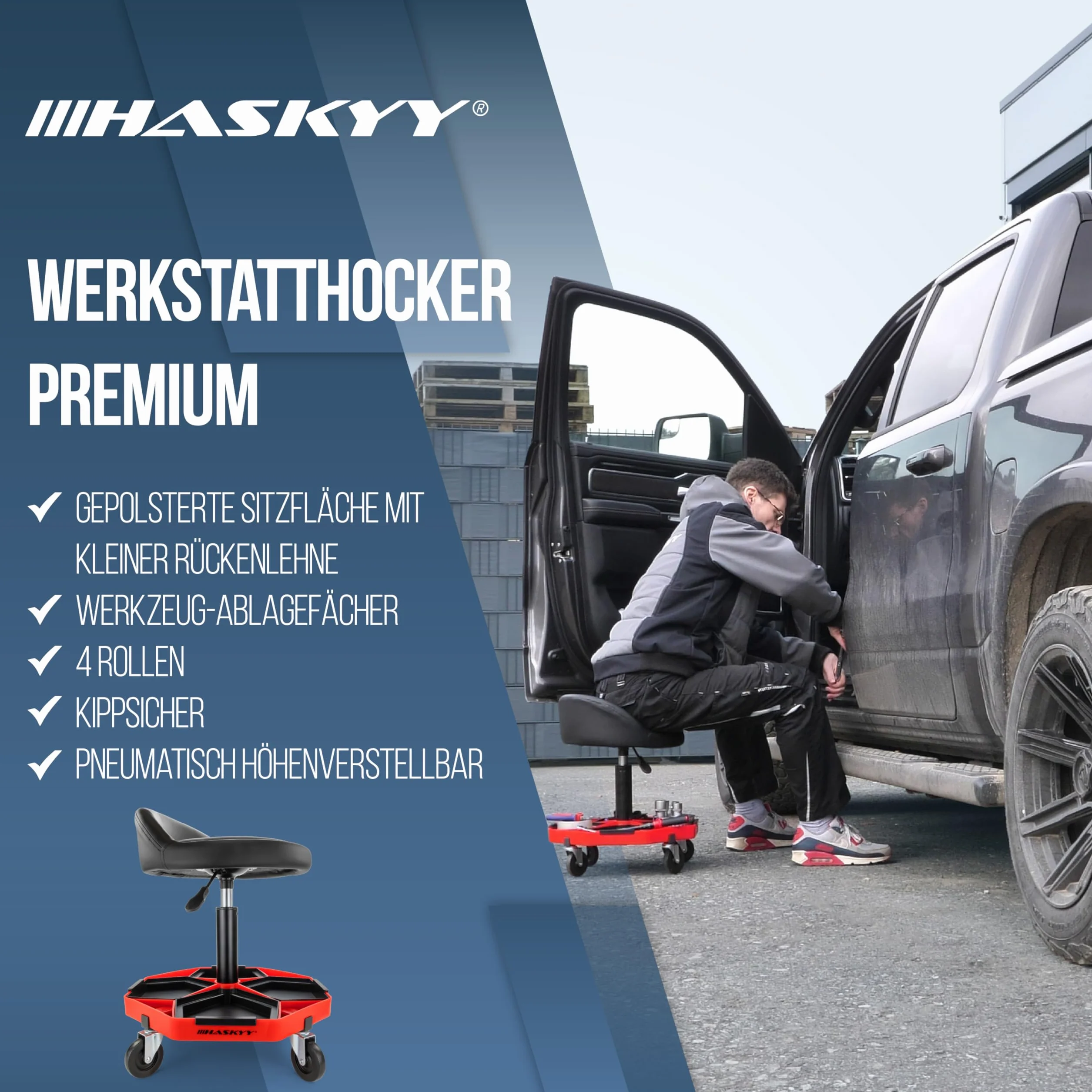 HASKYY Taboret warsztatowy z oparciem | regulacja wysokości 43-58 cm | taboret na kółkach do 150 kg | siedzisko warsztatowe z półkami | taboret do gabinetu i warsztatu z kółkami 360°