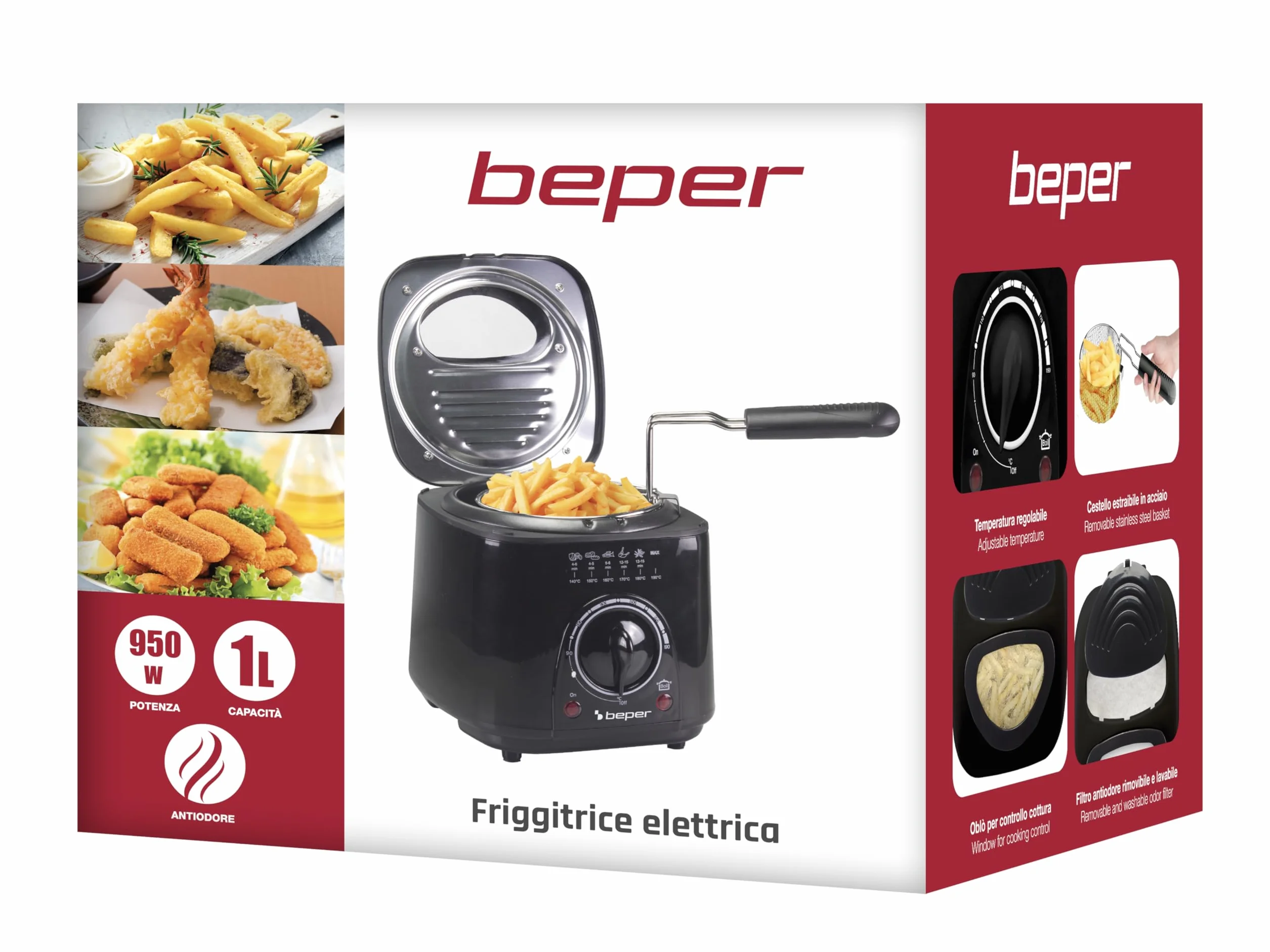BEPER P101FRI100 MINI Frytkownica elektryczna 1L, 850-950 W, zdejmowany kosz stalowy, pokrywa z iluminatorem, zdejmowany filtr, zmywalny, regulowana temperatura, antypoślizgowe nóżki, czarny