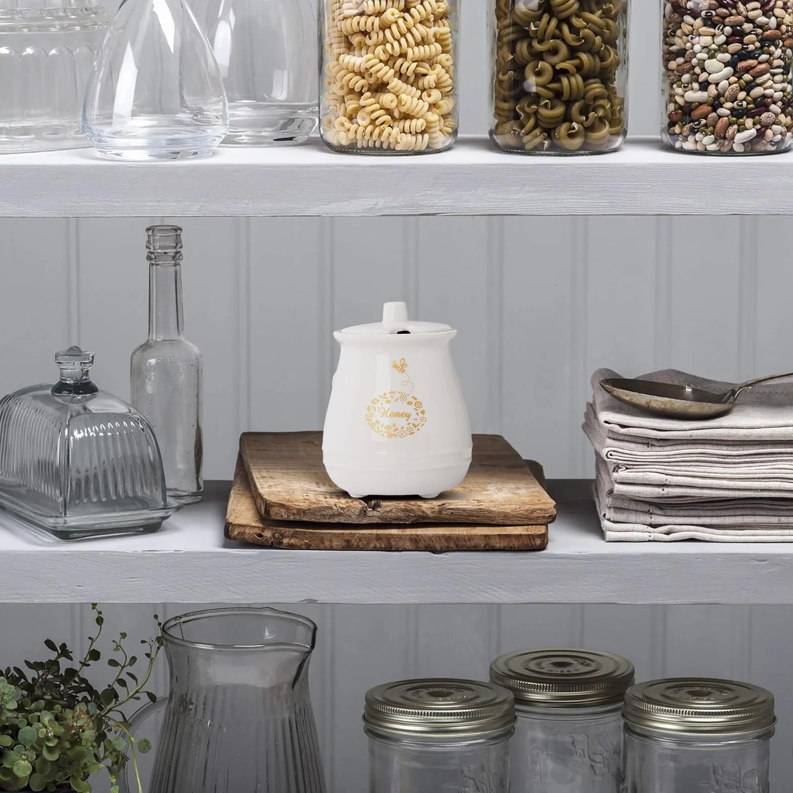Garnki na miód, ceramiczny, 300 ml, z pokrywką i łyżeczką do miodu, 3 x do kuchni, salonu, na miód i syrop, porcelanowy pojemnik na miód do przechowywania (biały)