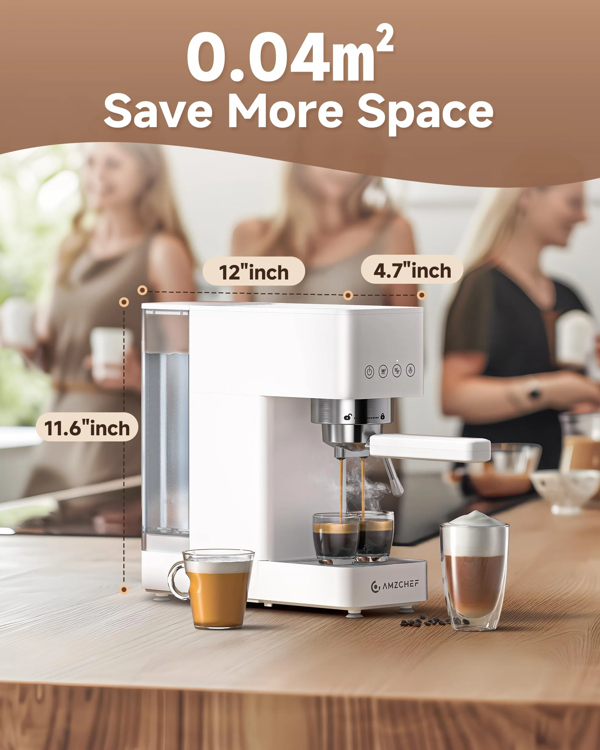 AMZCHEF Ekspres do kawy z sitkiem, 20 bar, ekspres do espresso z profesjonalnym spieniaczem do mleka, mały ekspres do kawy do cappuccino, latte i macchiato, zbiornik na wodę 1,5 l, biały