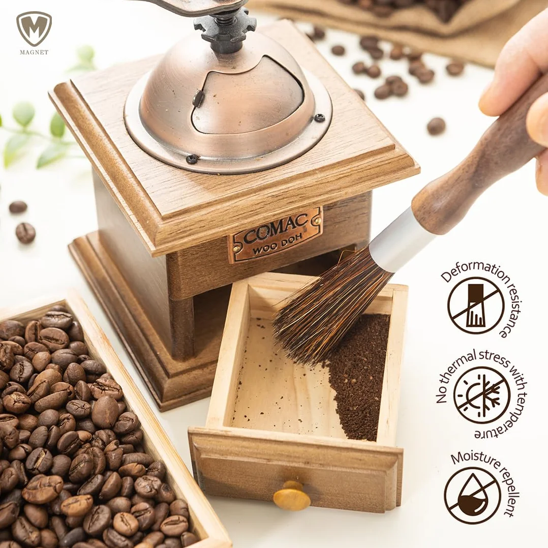MAGNET Profesjonalny młynek do kawy, szczotka do czyszczenia, akcesoria, narzędzie, uchwyt, naturalne włosie z magnetycznym zatrzaskiem, na kemping, do domu, kuchni,